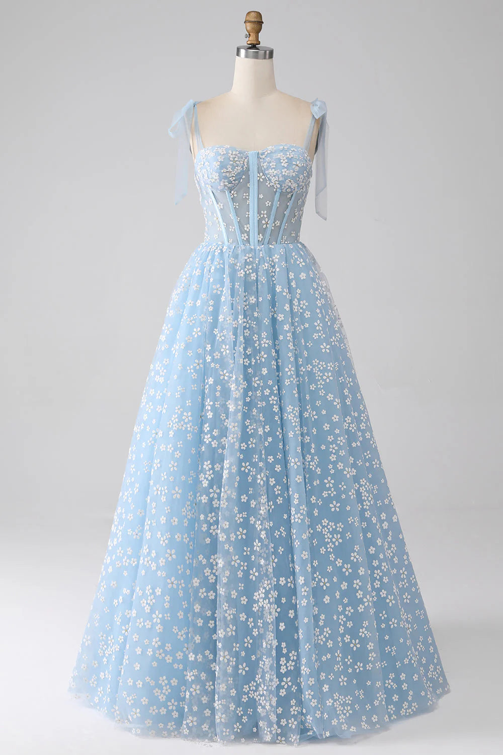 Robe Weitese trapèze à bretelles spaghetti bleu ciel avec corset