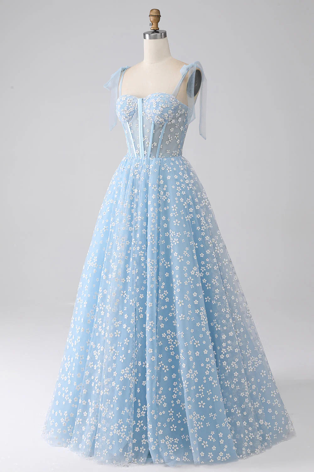 Robe Weitese trapèze à bretelles spaghetti bleu ciel avec corset