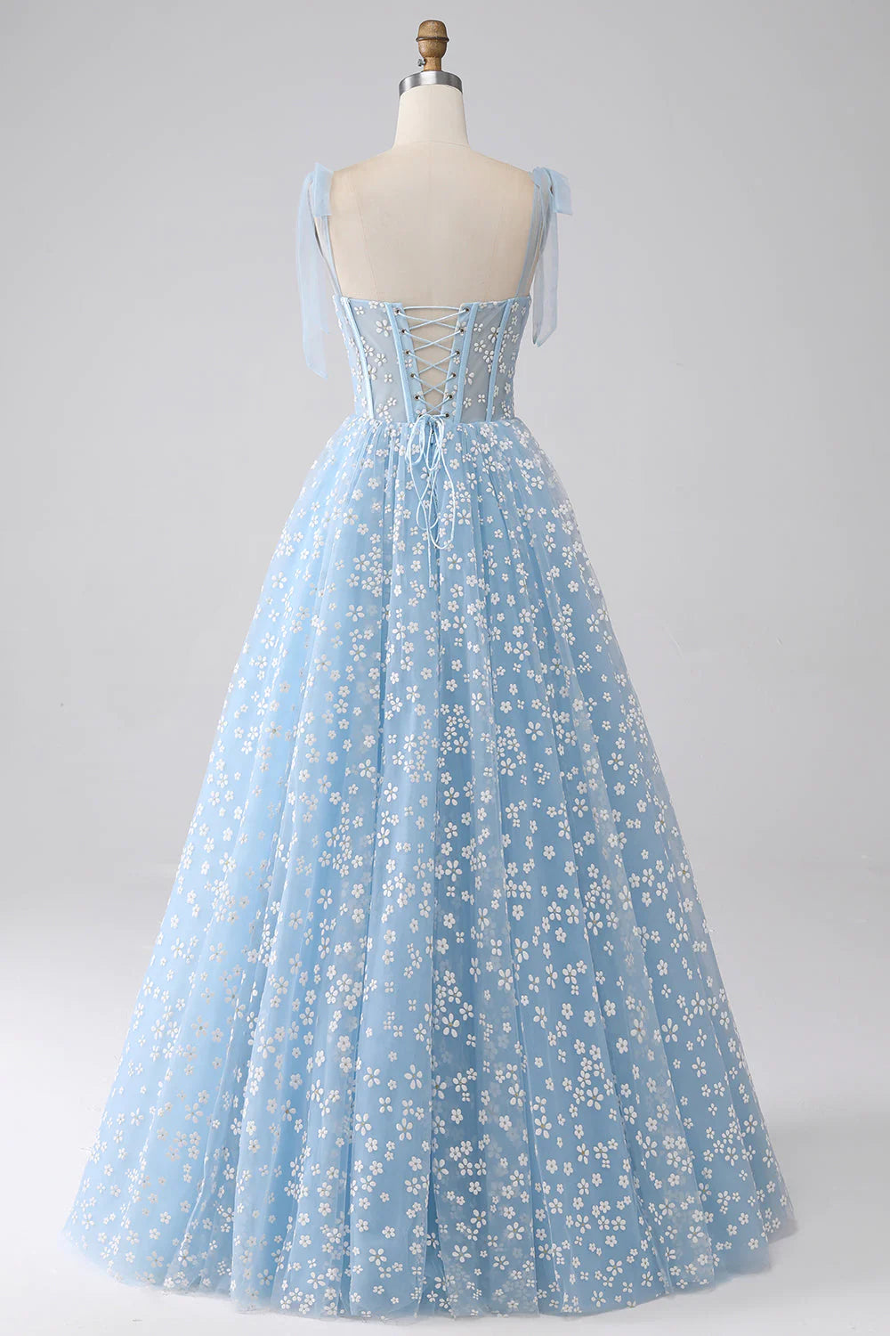 Robe Weitese trapèze à bretelles spaghetti bleu ciel avec corset