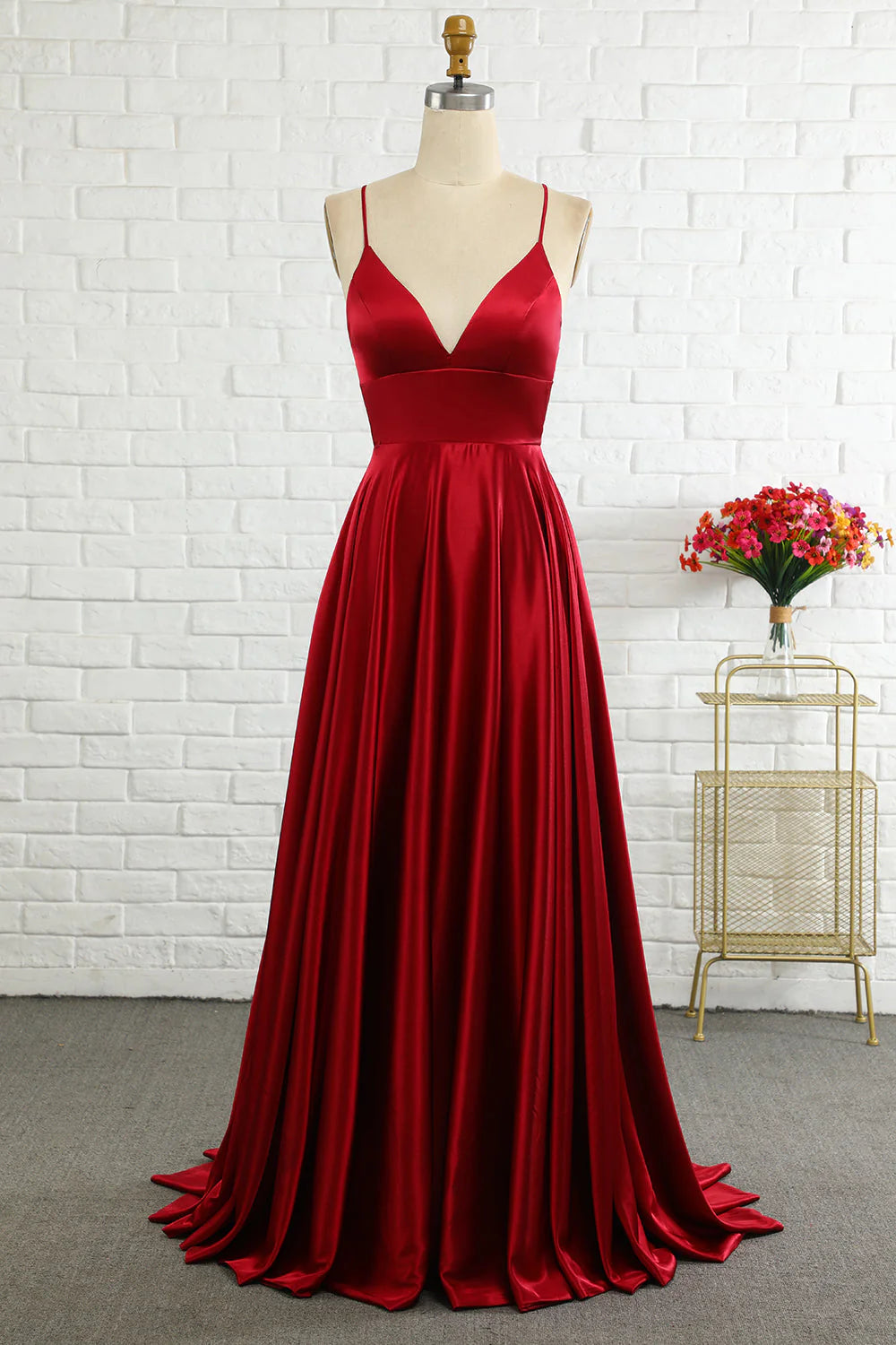 A Line Spaghetti Straps Burgundy Long  Simple Prom Dress With Cirss Cross Back