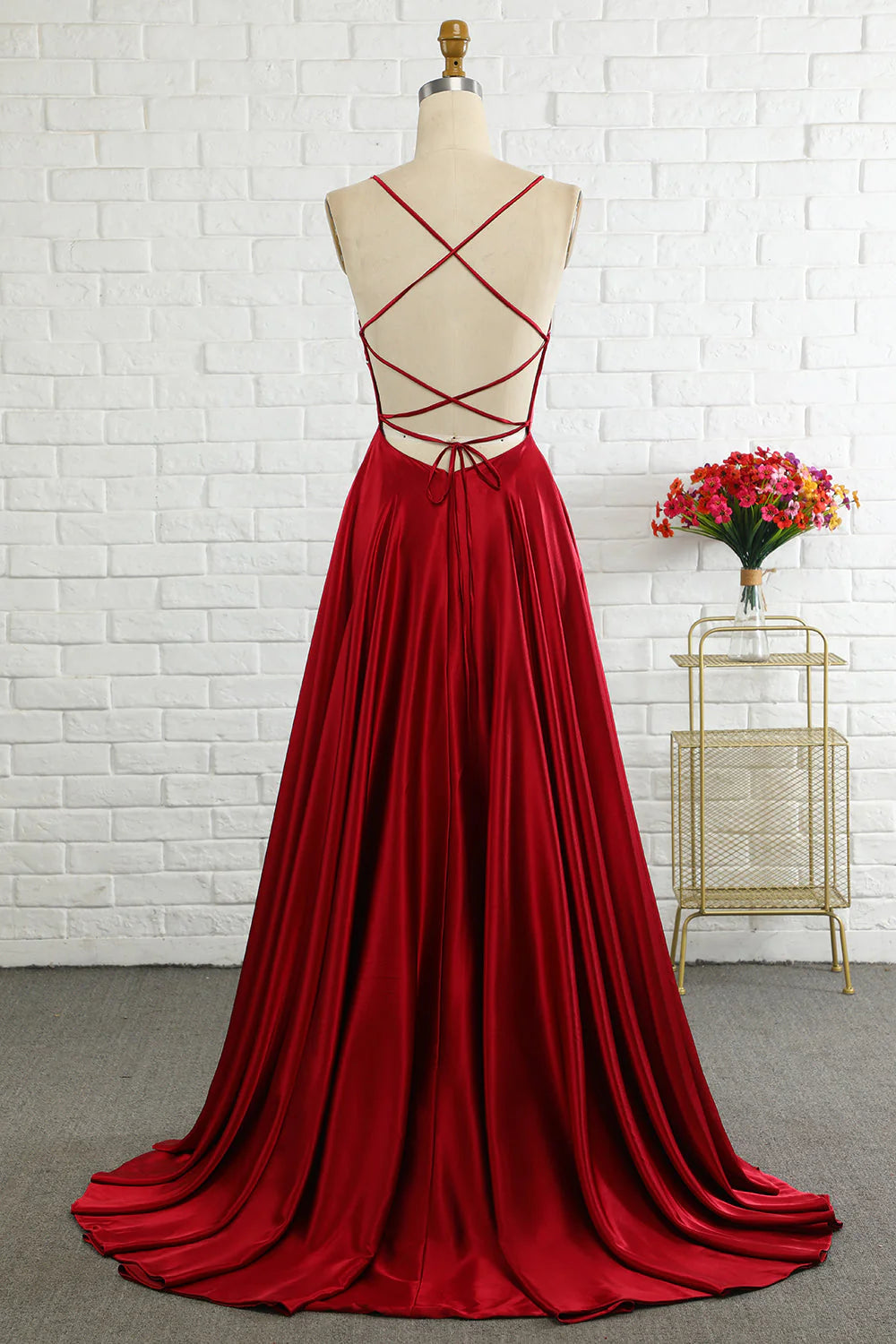 A Line Spaghetti Straps Burgundy Long  Simple Prom Dress With Cirss Cross Back