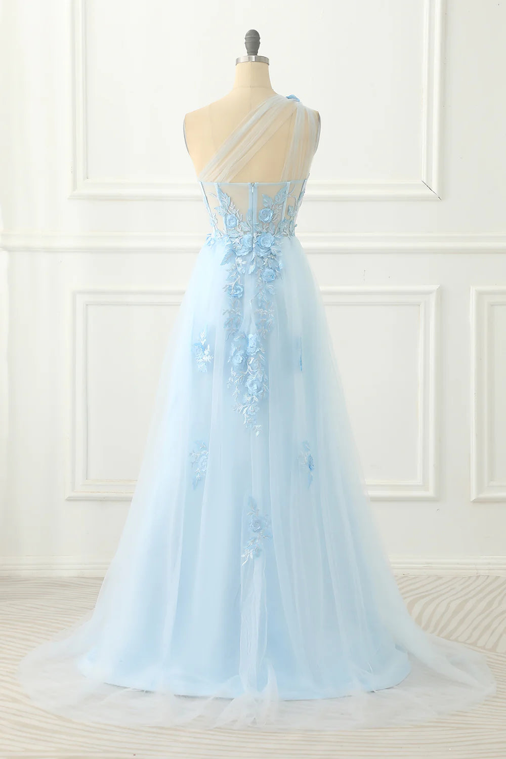 Robe de bal trapèze asymétrique en tulle bleu ciel avec appliqués