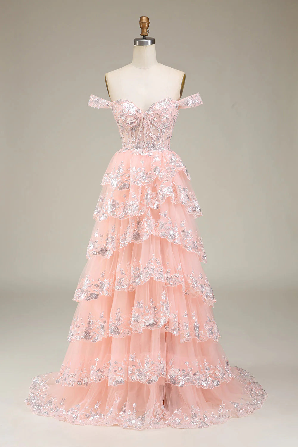 Robe de bal trapèze à paillettes et épaules dénudées avec fente