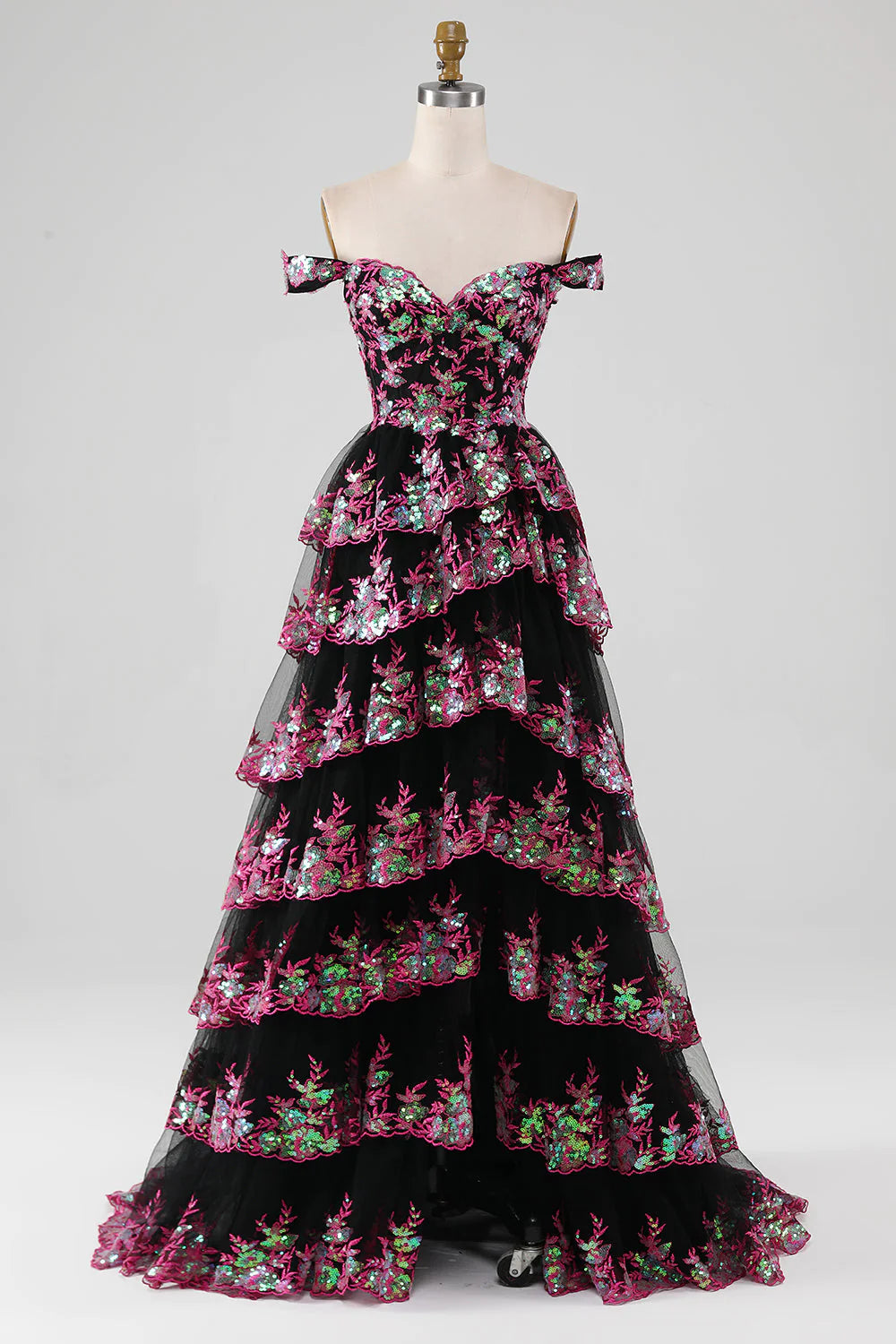 Robe de bal trapèze à paillettes et épaules dénudées avec fente