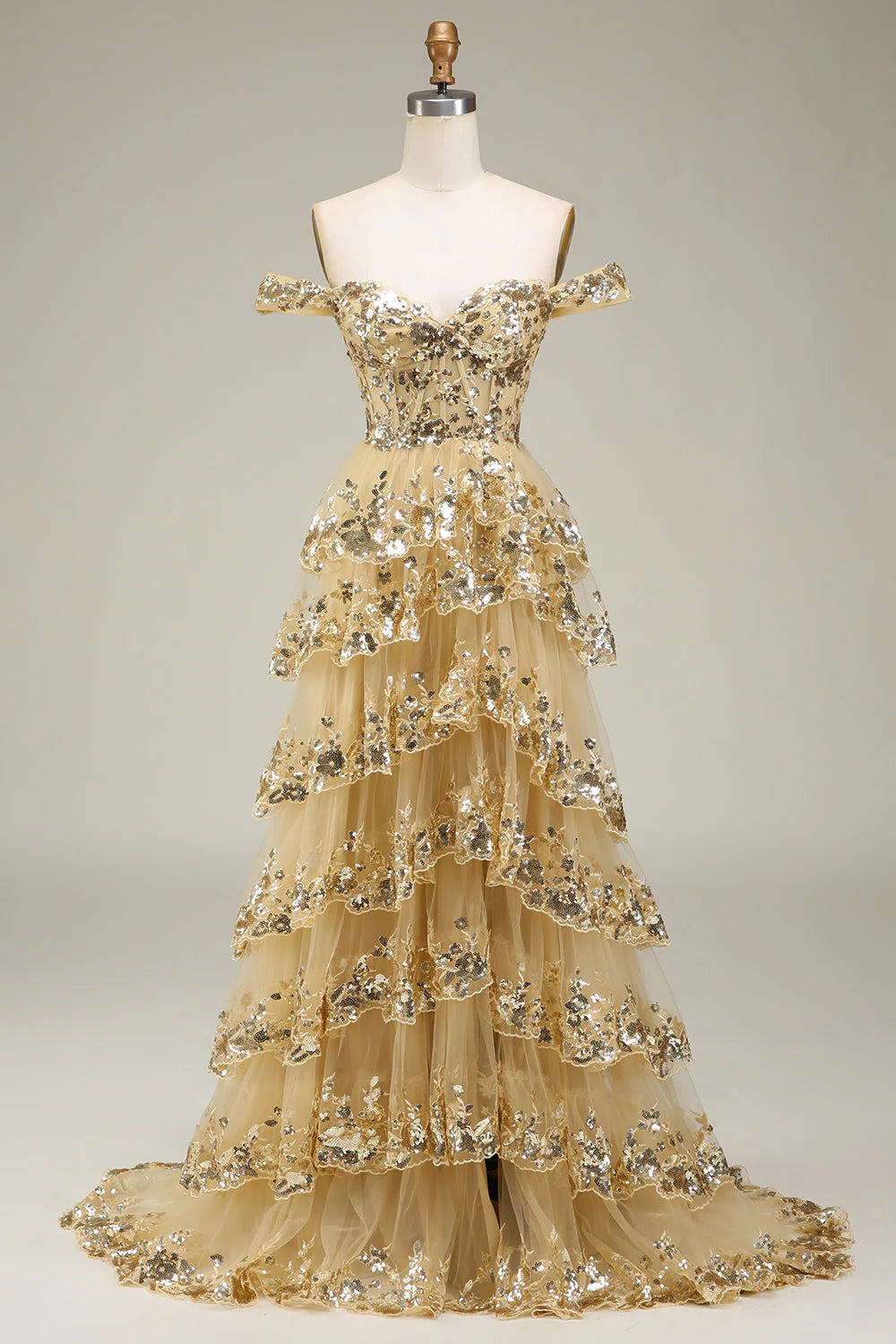 Off The Shoulder Strapless  Tulle Tiered Prom Dress