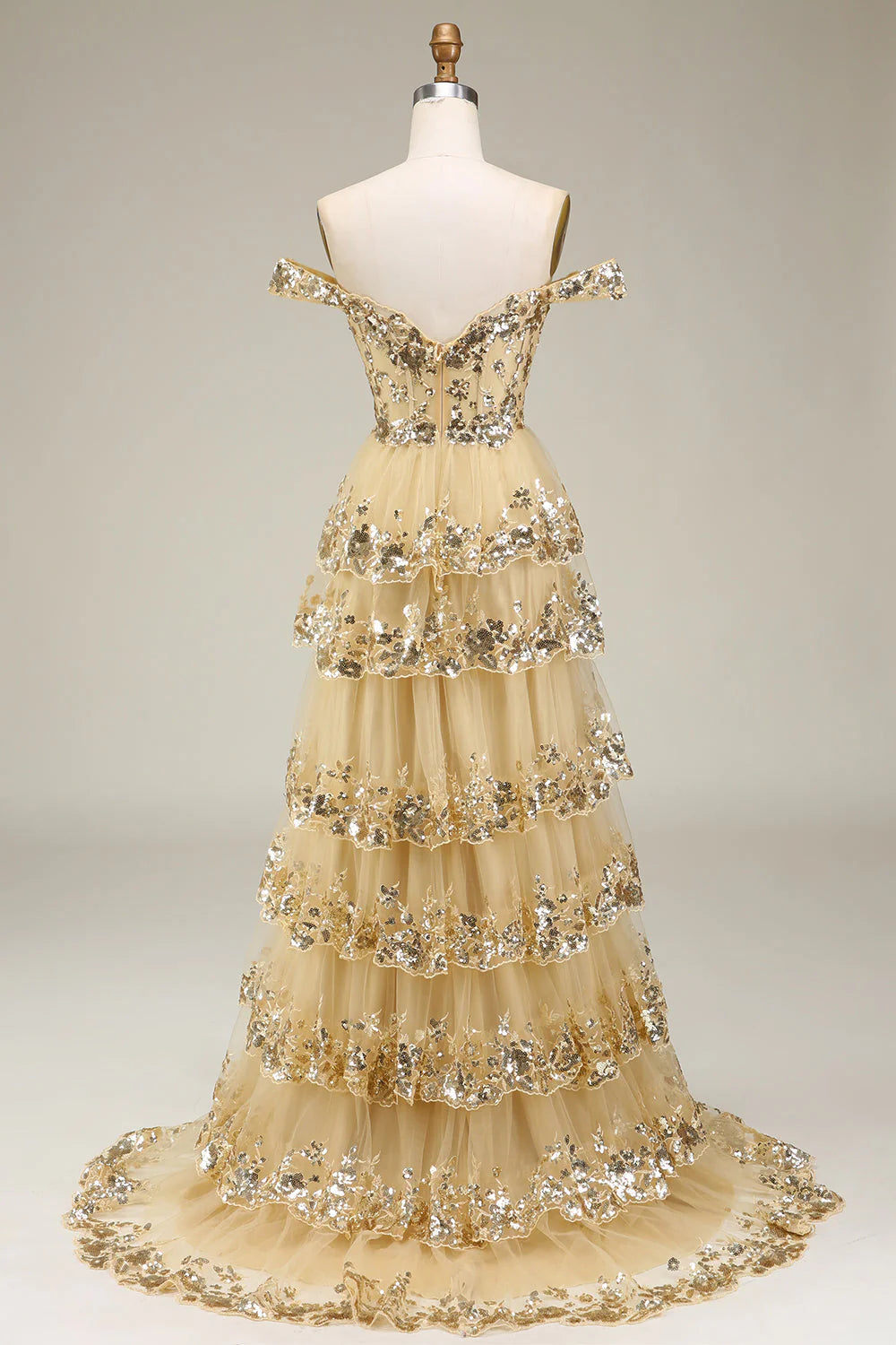 Robe de bal trapèze à paillettes et épaules dénudées avec fente