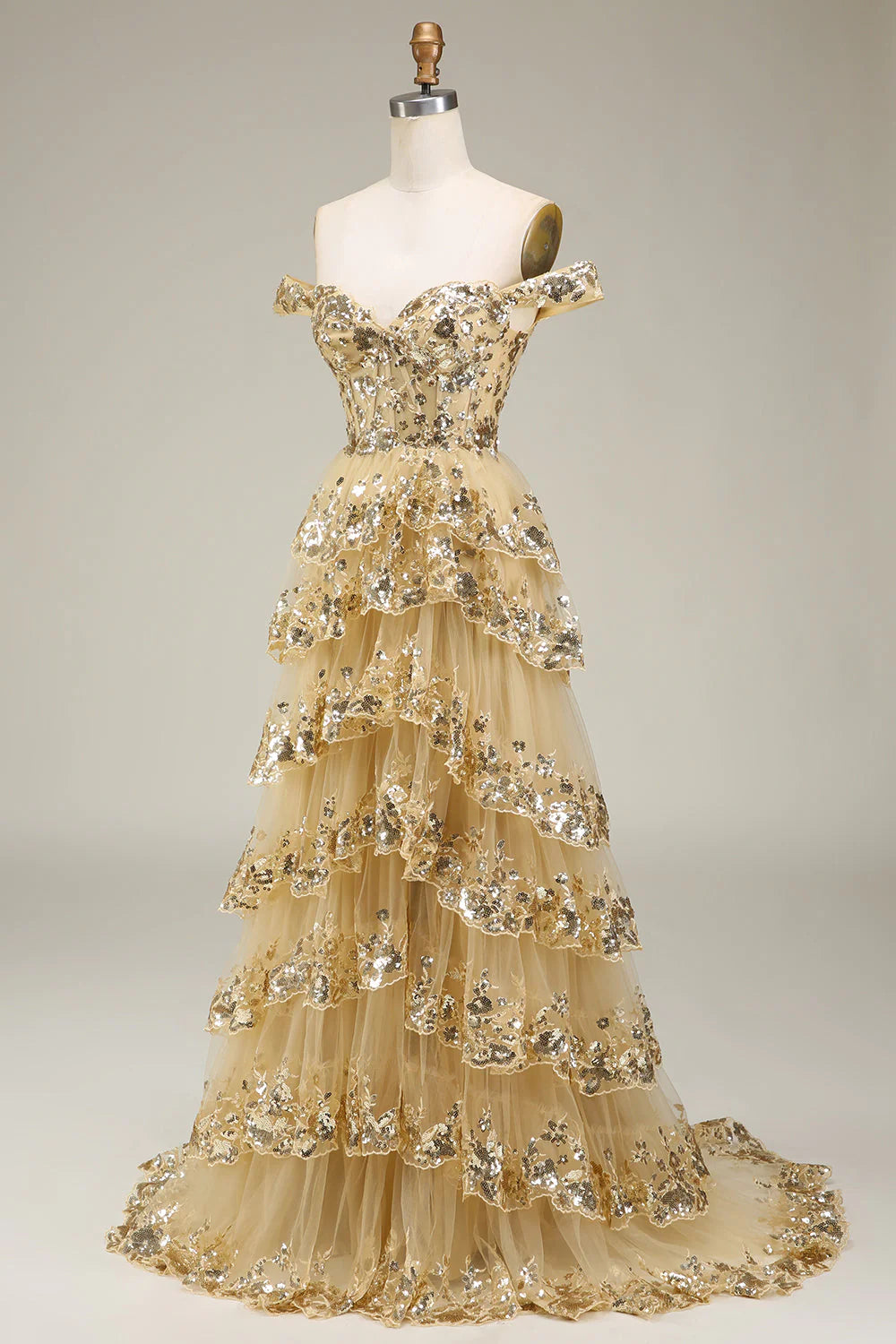 Robe de bal trapèze à paillettes et épaules dénudées avec fente