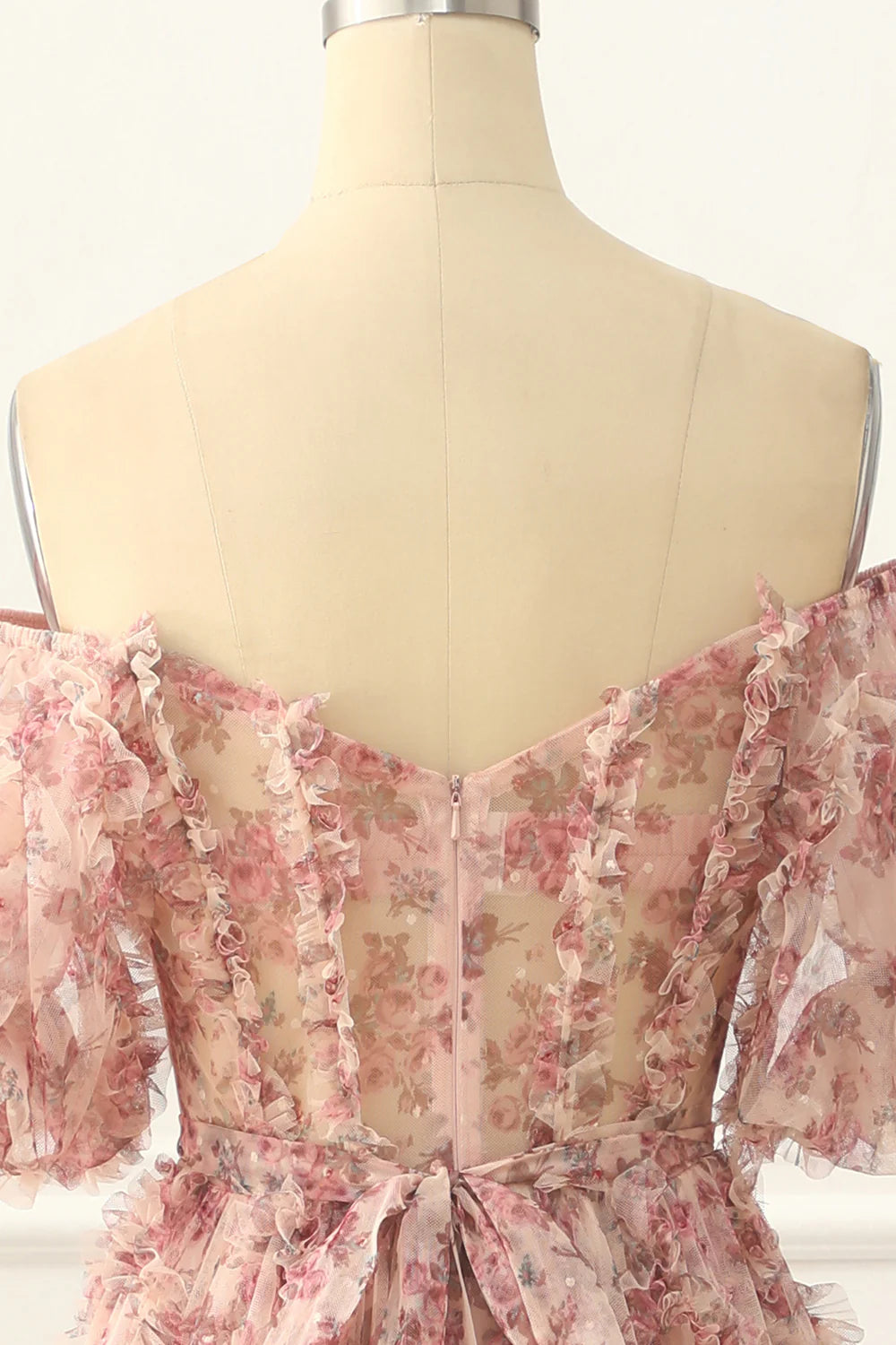 Robe de bal trapèze plissée à épaules dénudées et imprimé floral