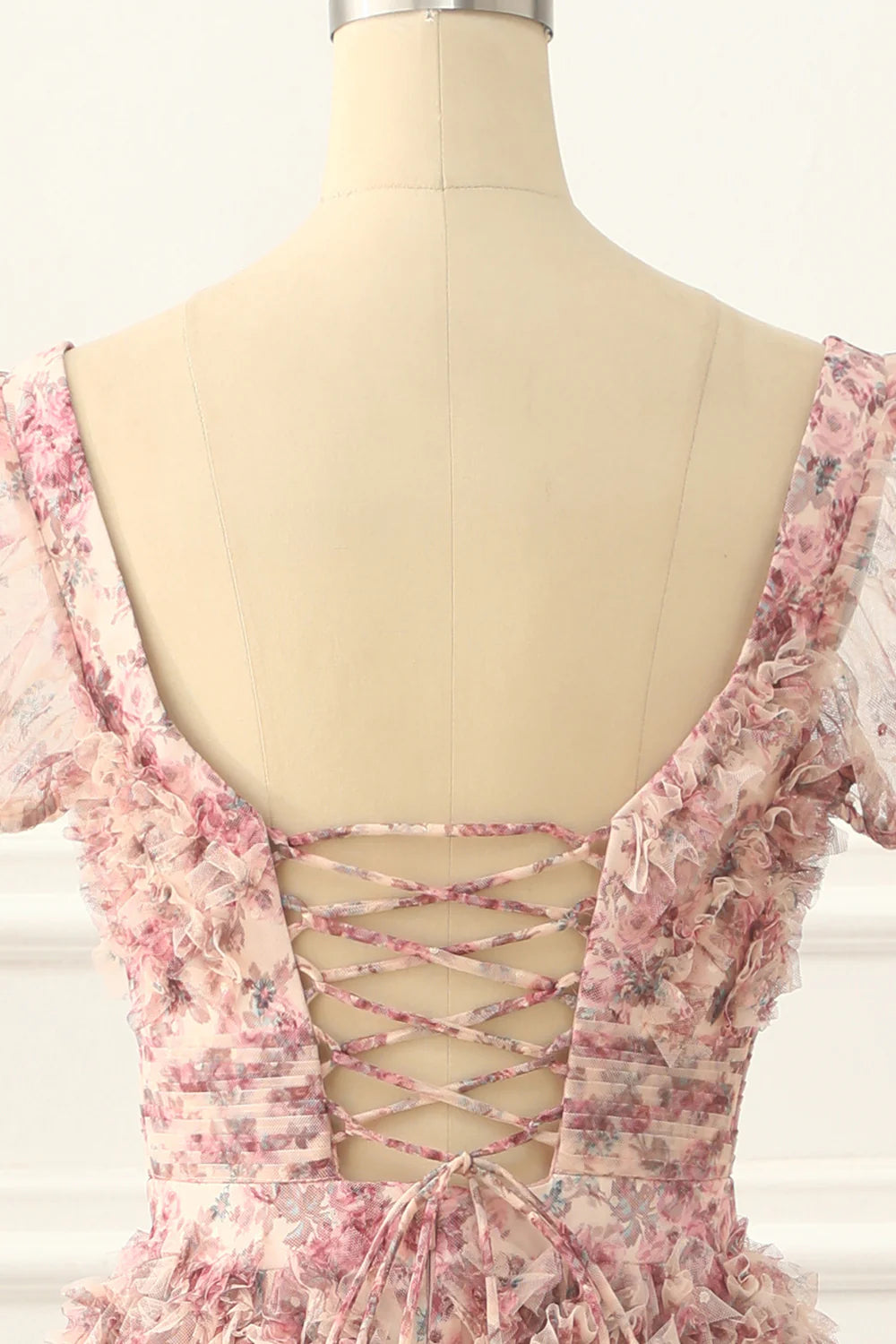 Vestido de fiesta plisado con espalda con cordones y estampado floral en forma de A