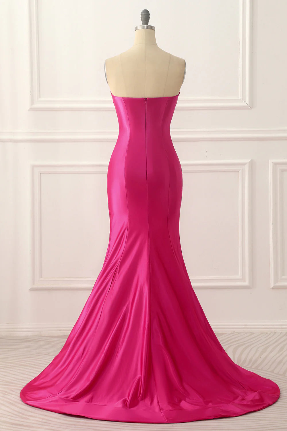 Vestido de fiesta fucsia de sirena de satén con abertura frontal