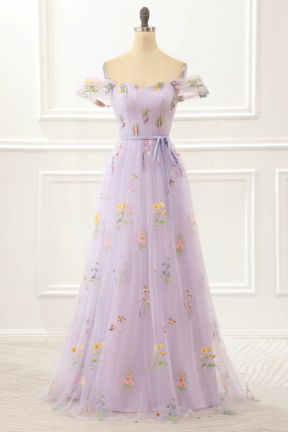 Weitese Dress A Line Tulle Off Shoulder Lavender Prom Dress With Embroidered