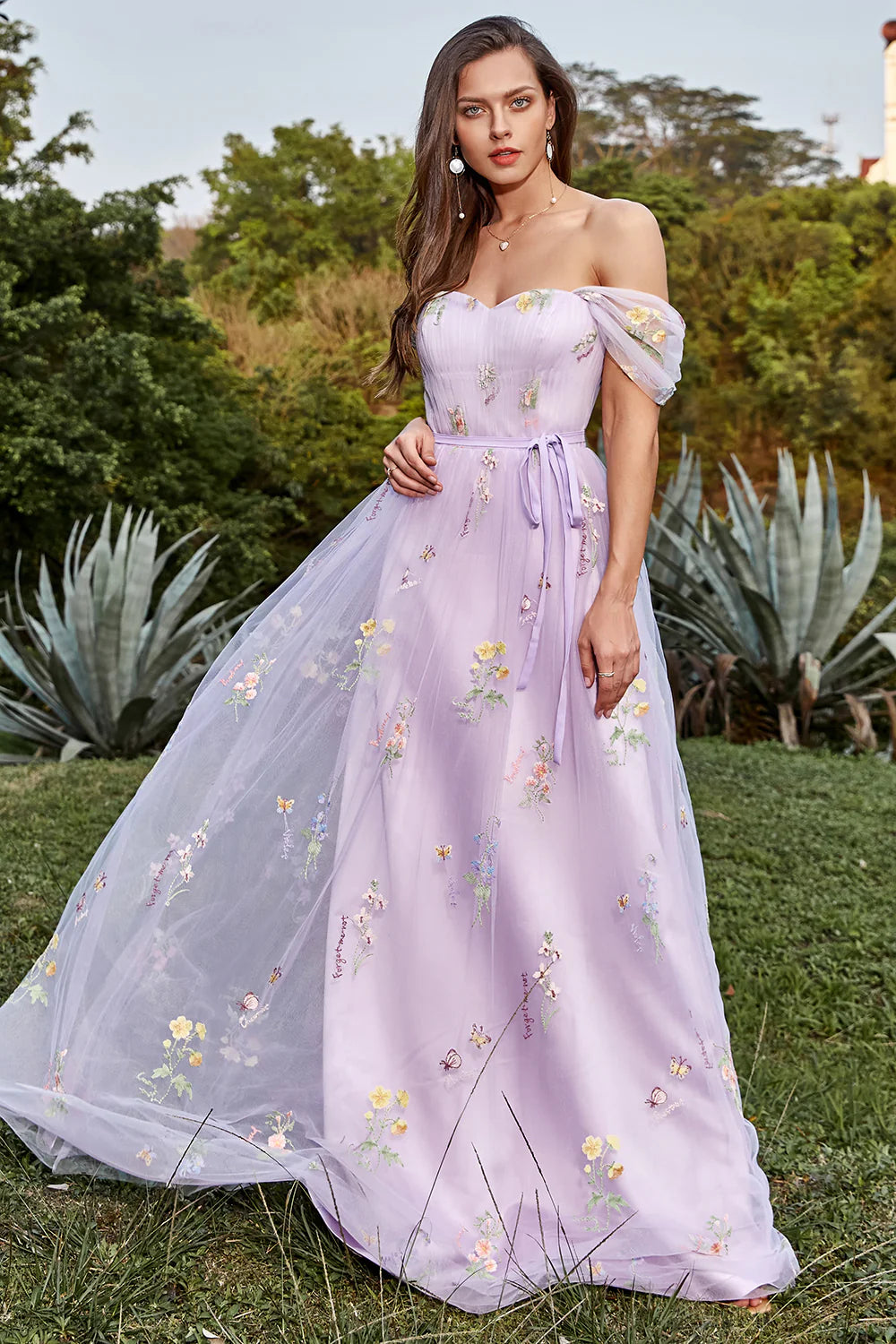 Weitese Dress A Line Tulle Off Shoulder Lavender Prom Dress With Embroidered