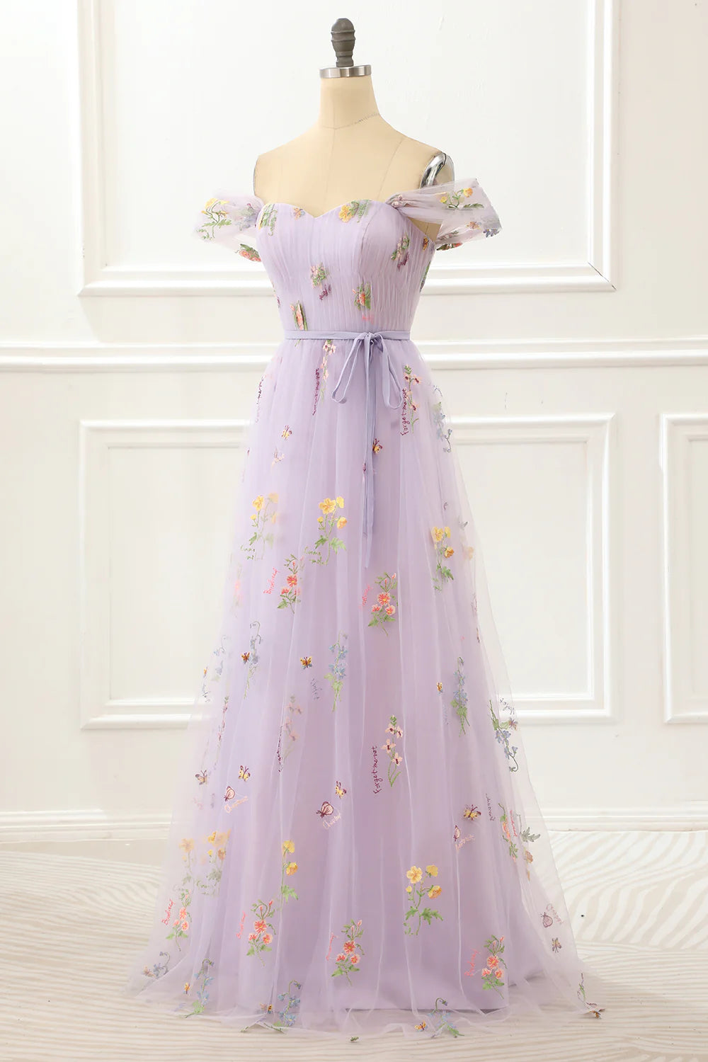 Weitese Dress A Line Tulle Off Shoulder Lavender Prom Dress With Embroidered