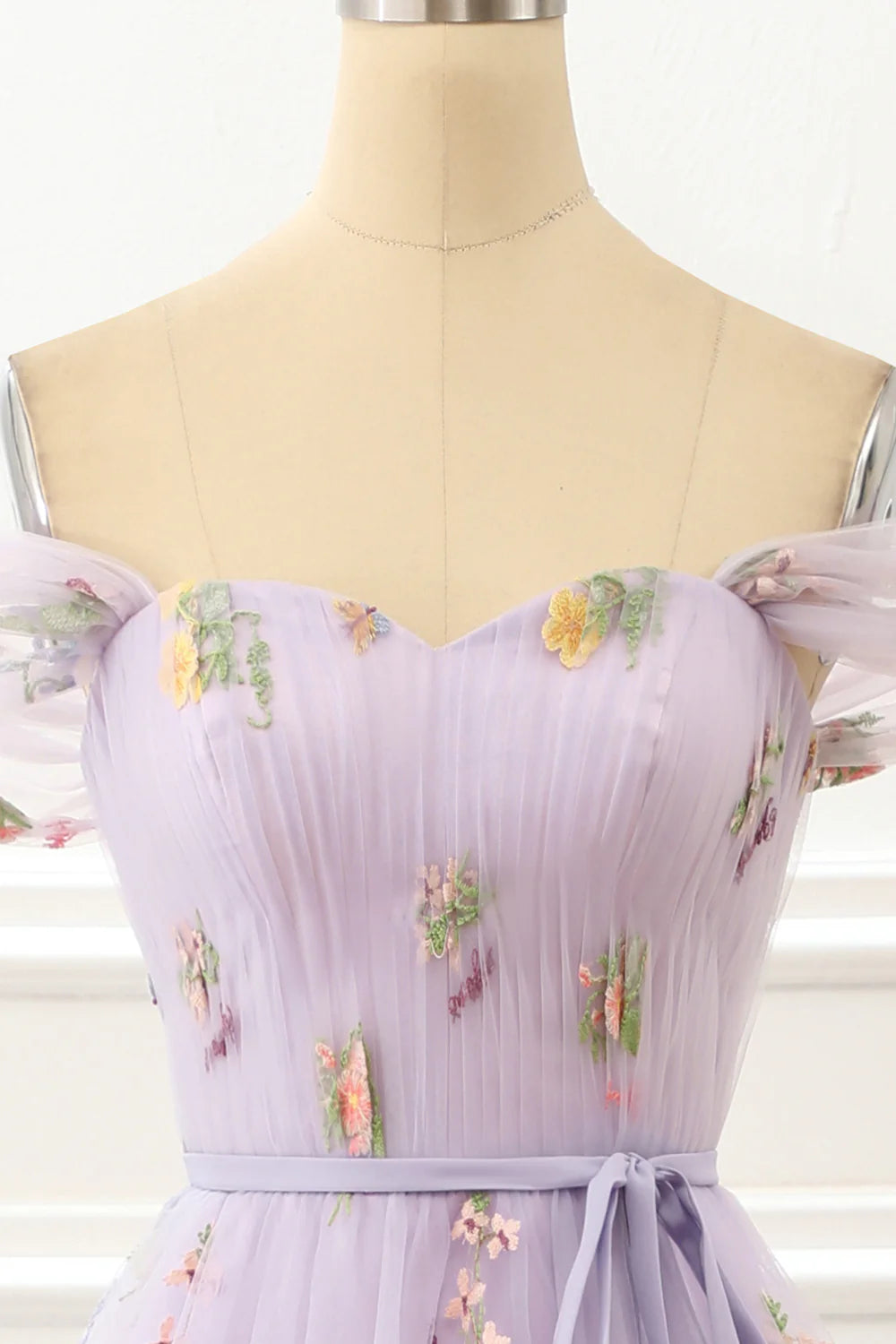 Weitese Dress A Line Tulle Off Shoulder Lavender Prom Dress With Embroidered