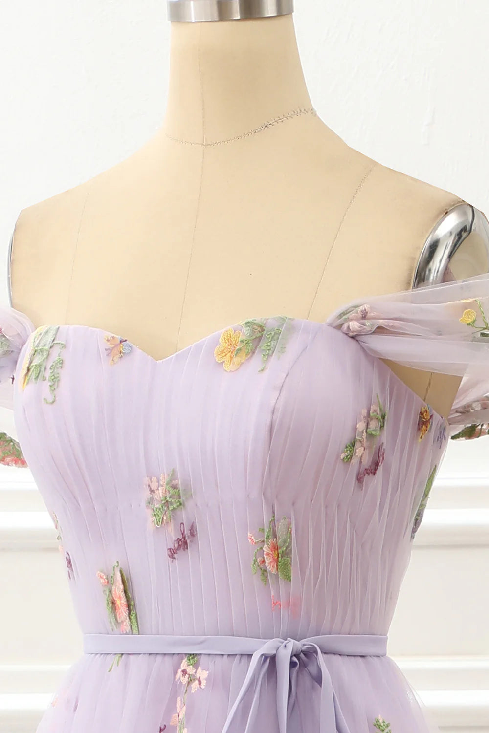 Weitese Dress A Line Tulle Off Shoulder Lavender Prom Dress With Embroidered