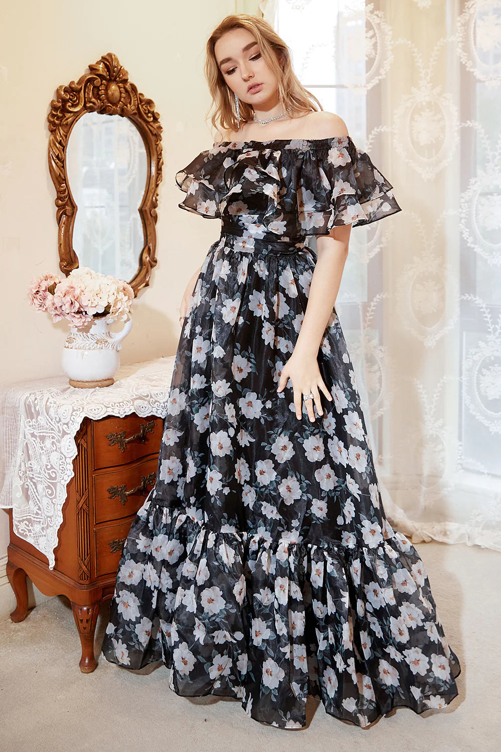 Print Off Shoulder A Line Black Prom Dress With Ruffles