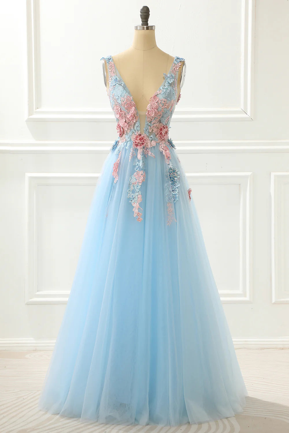 Robe de bal princesse bleue trapèze Weitese avec appliques