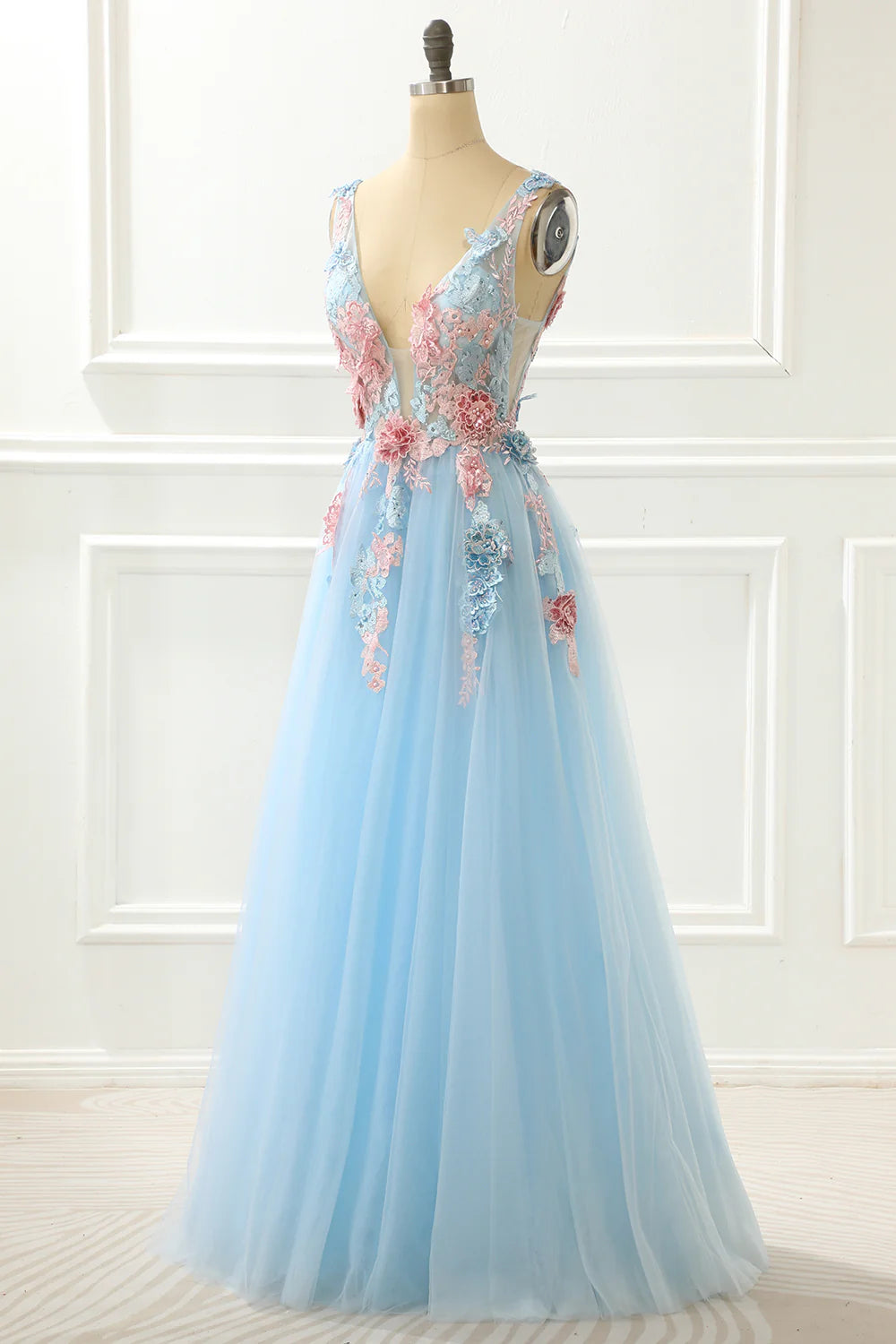 Robe de bal princesse bleue trapèze Weitese avec appliques