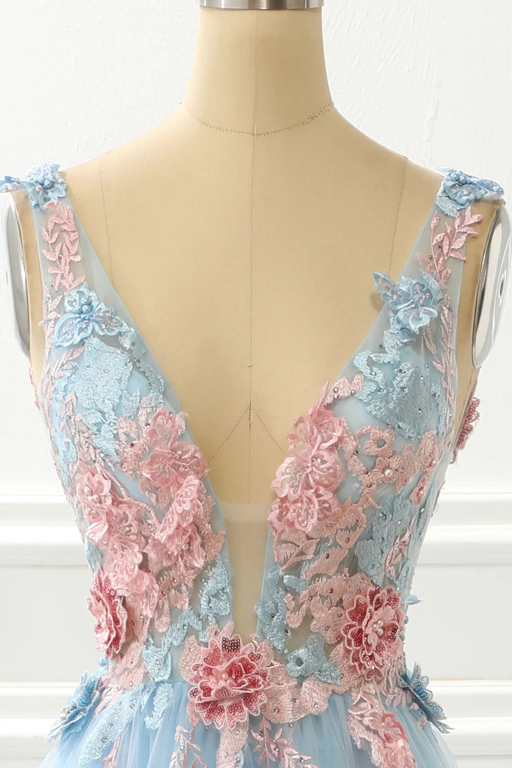 Robe de bal princesse bleue trapèze Weitese avec appliques