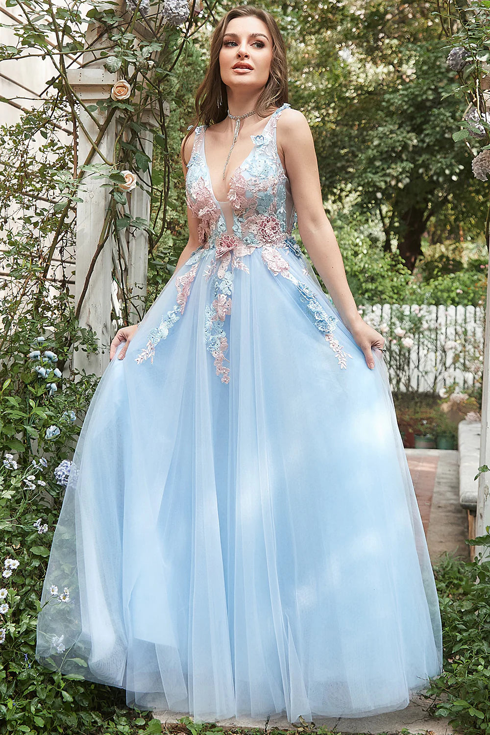 Robe de bal princesse bleue trapèze Weitese avec appliques