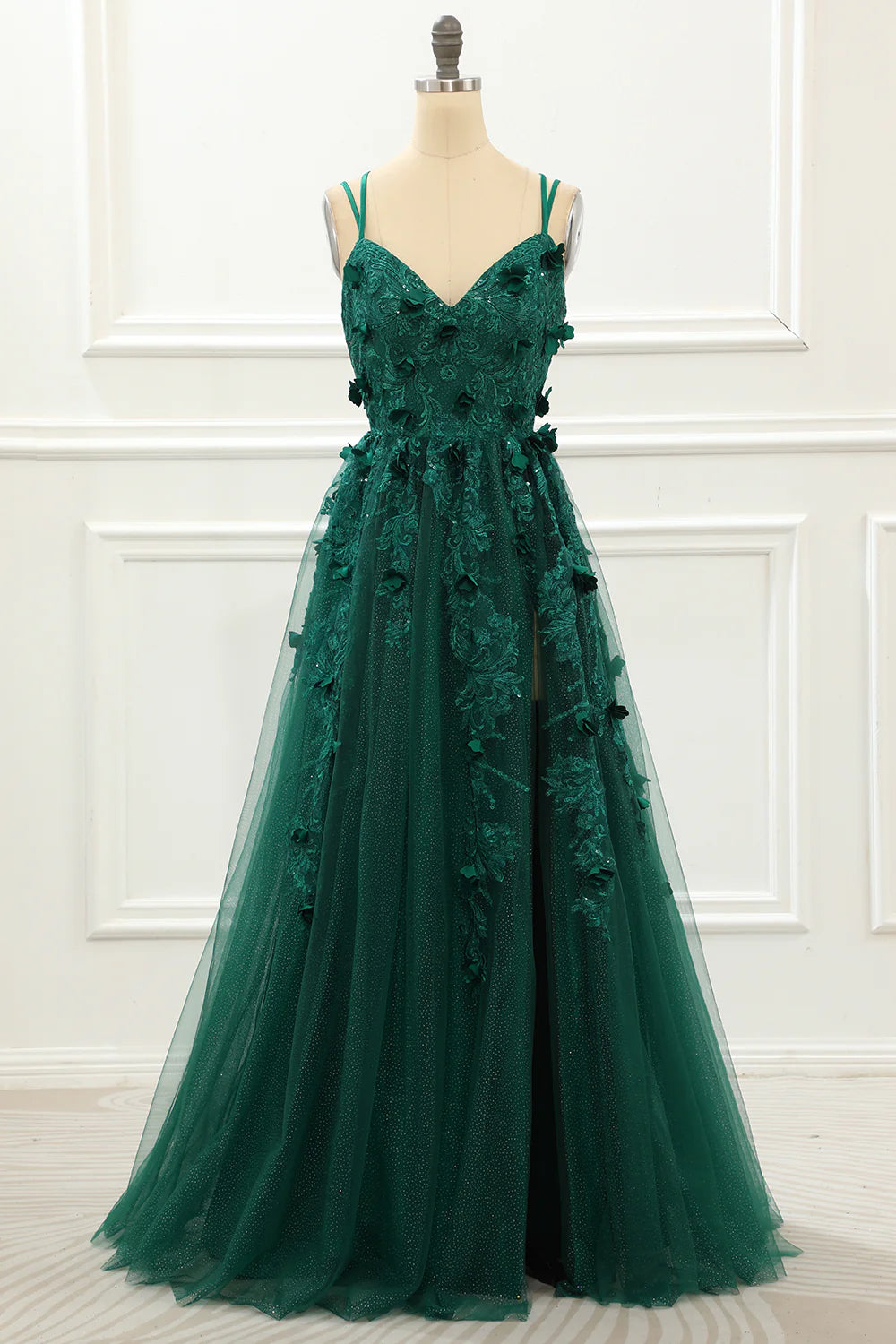 A Line Tulle Dark Green Prom Dress With Appliques