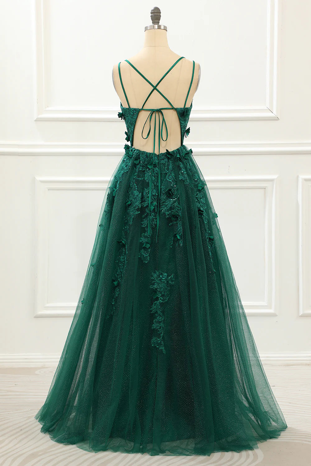 Vestido de fiesta verde oscuro de tul con apliques y corte en A