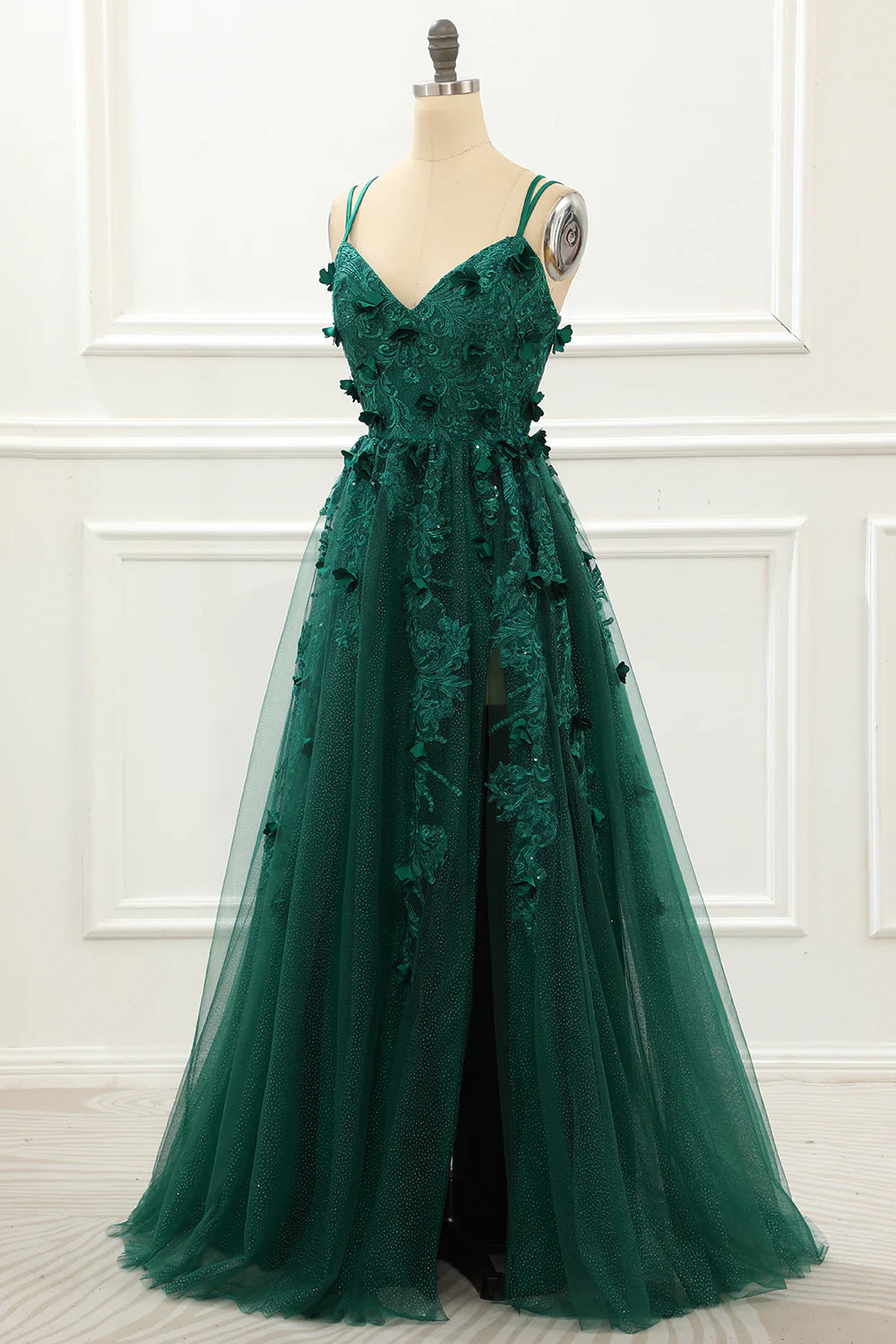 Vestido de fiesta verde oscuro de tul con apliques y corte en A