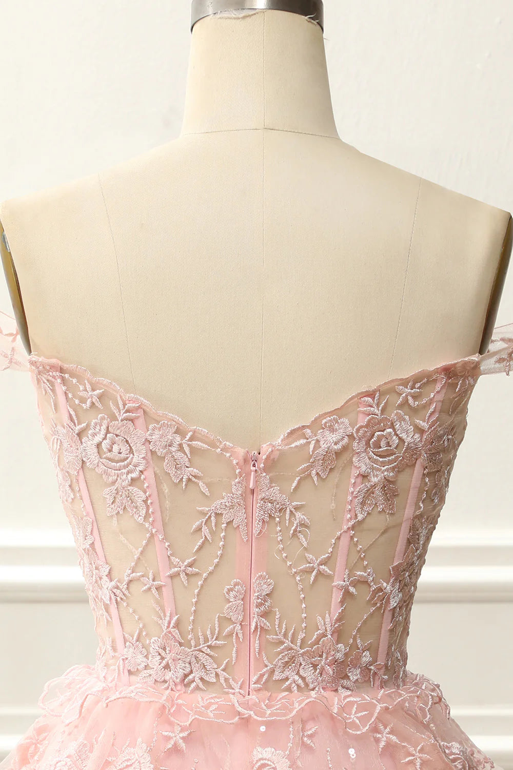 Pink Off The Shoulder Corset Homecoming Dress With Appliques