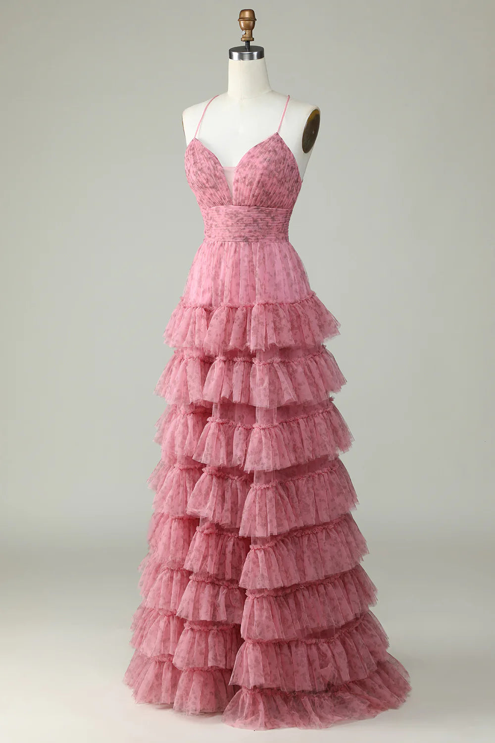 Pink Tulle Spaghetti Straps Layered Prom Dress With Floral Printed
