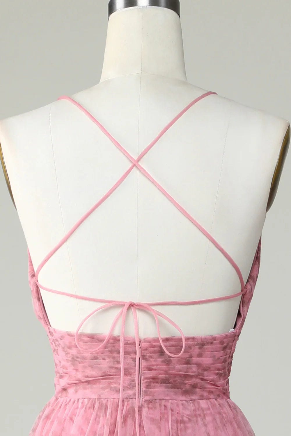 Pink Tulle Spaghetti Straps Layered Prom Dress With Floral Printed