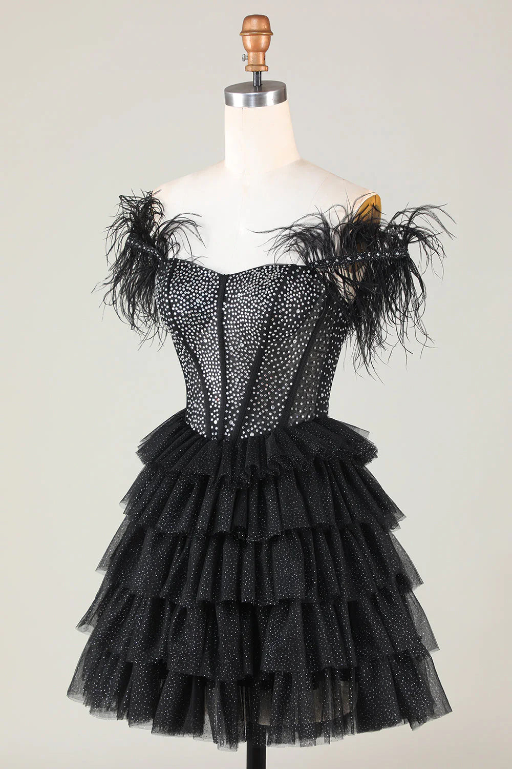 Vestido de fiesta corto con corsé, cuentas brillantes y plumas, corte A, negro