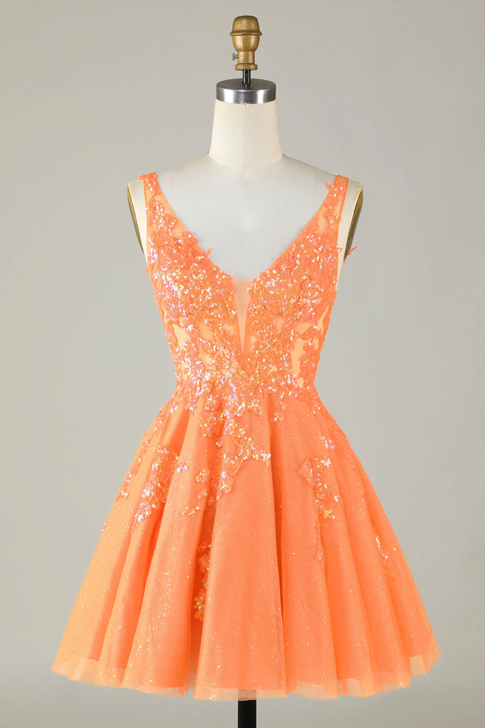 Lindo vestido de fiesta naranja brillante con apliques de lentejuelas