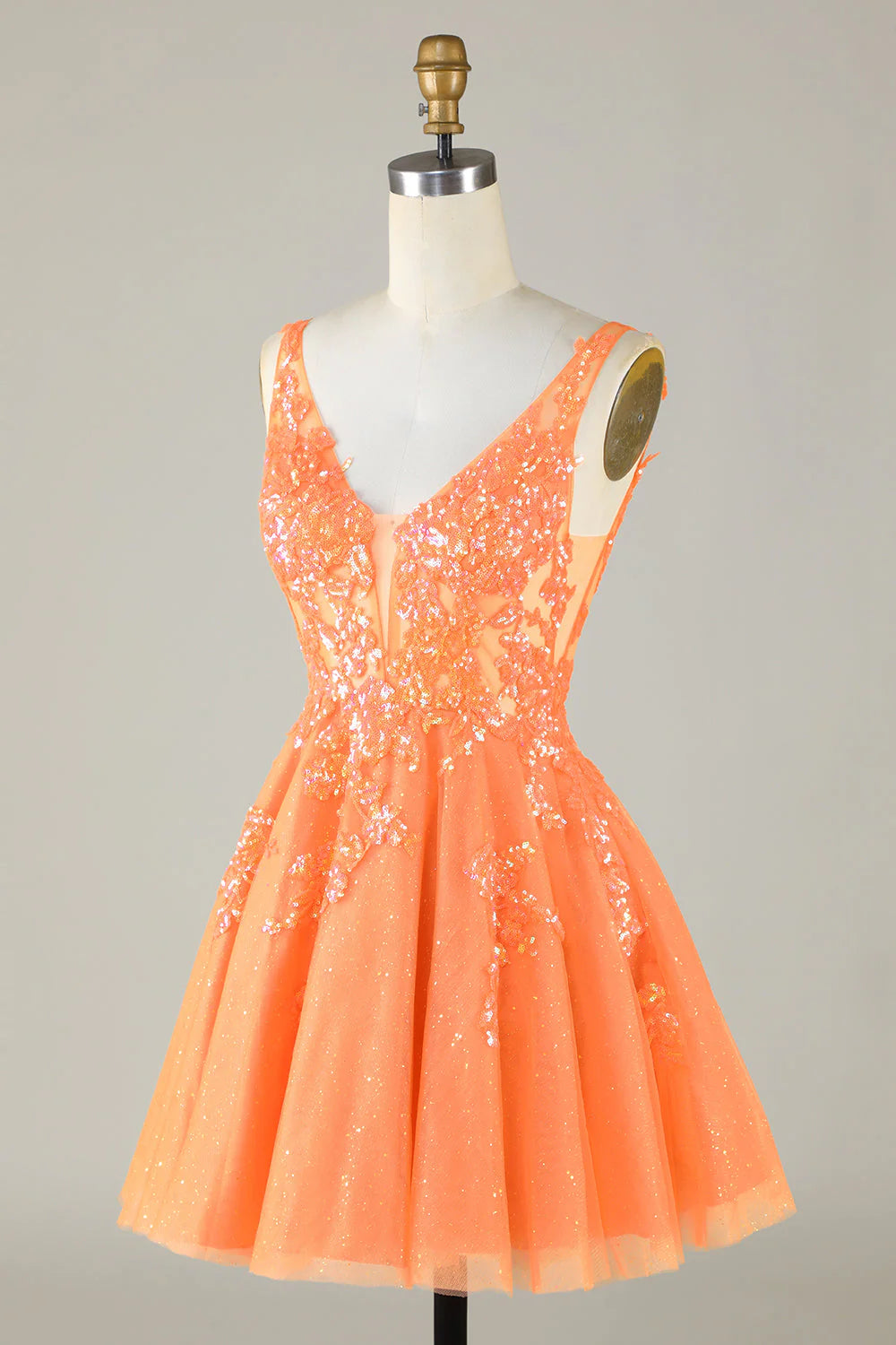 Lindo vestido de fiesta naranja brillante con apliques de lentejuelas