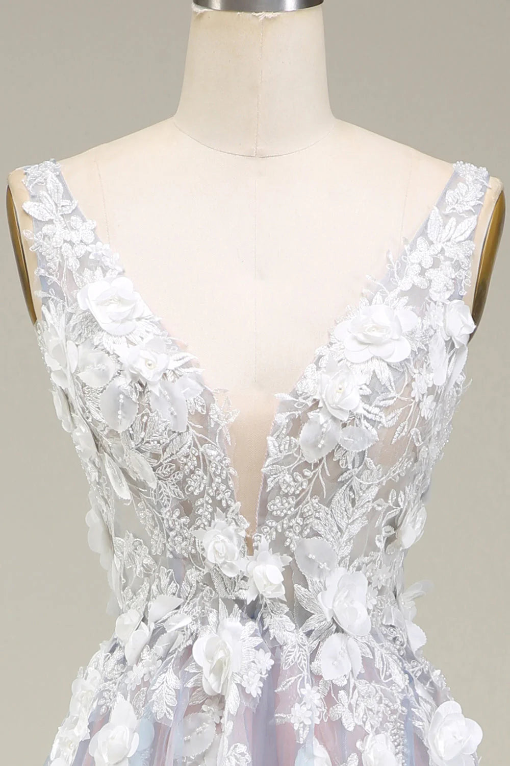 Grey Pink Gorgeous A Line Deep V Neck Long Prom Dress With Appliques