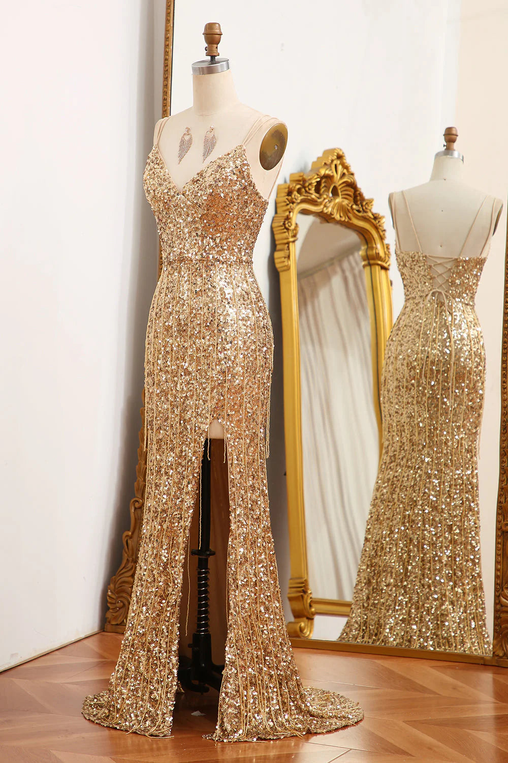 Sparkly Mermaid Long Corset Sequins Prom Dress With Slit