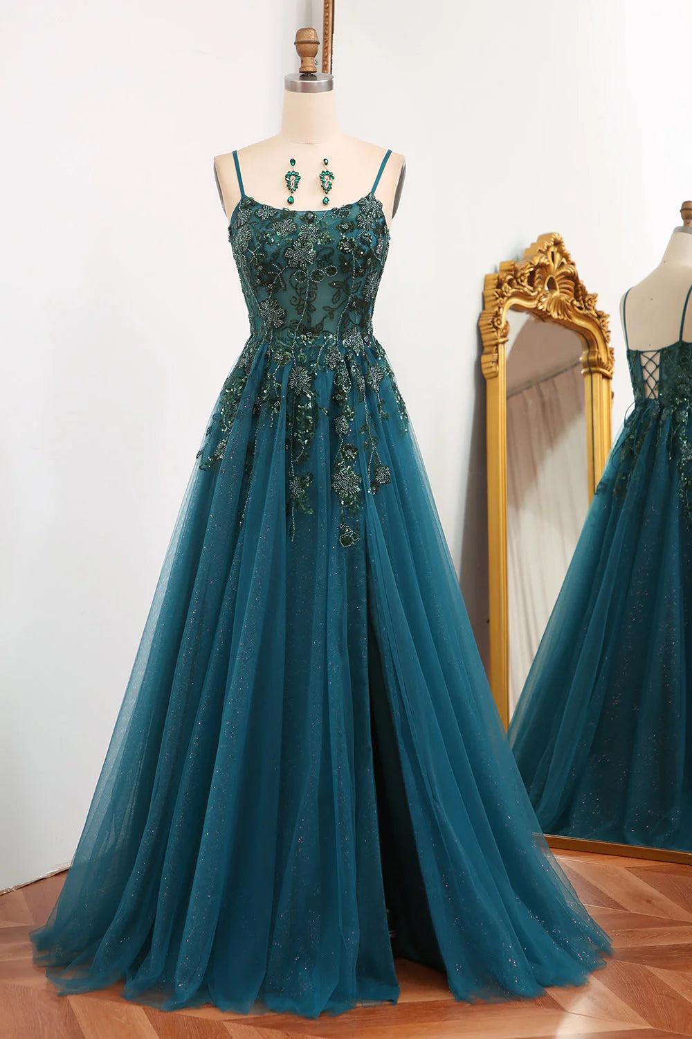 A Line Spaghetti Straps Tulle Long Appliqued  Dark Green  Prom Dress With Slit