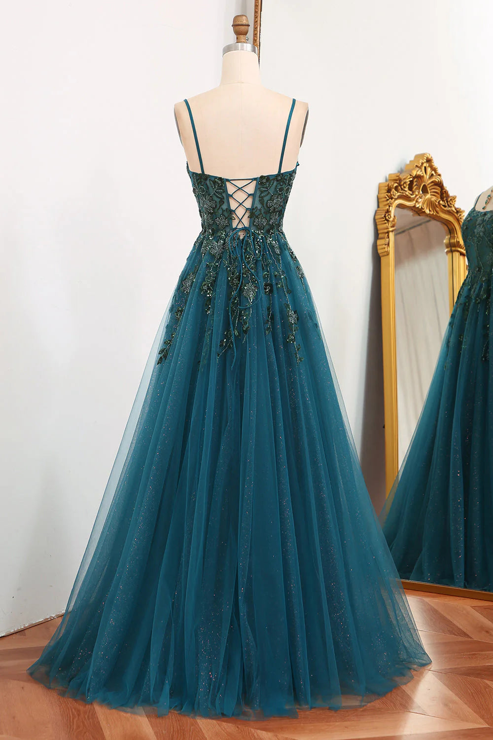 A Line Spaghetti Straps Tulle Long Appliqued  Dark Green  Prom Dress With Slit