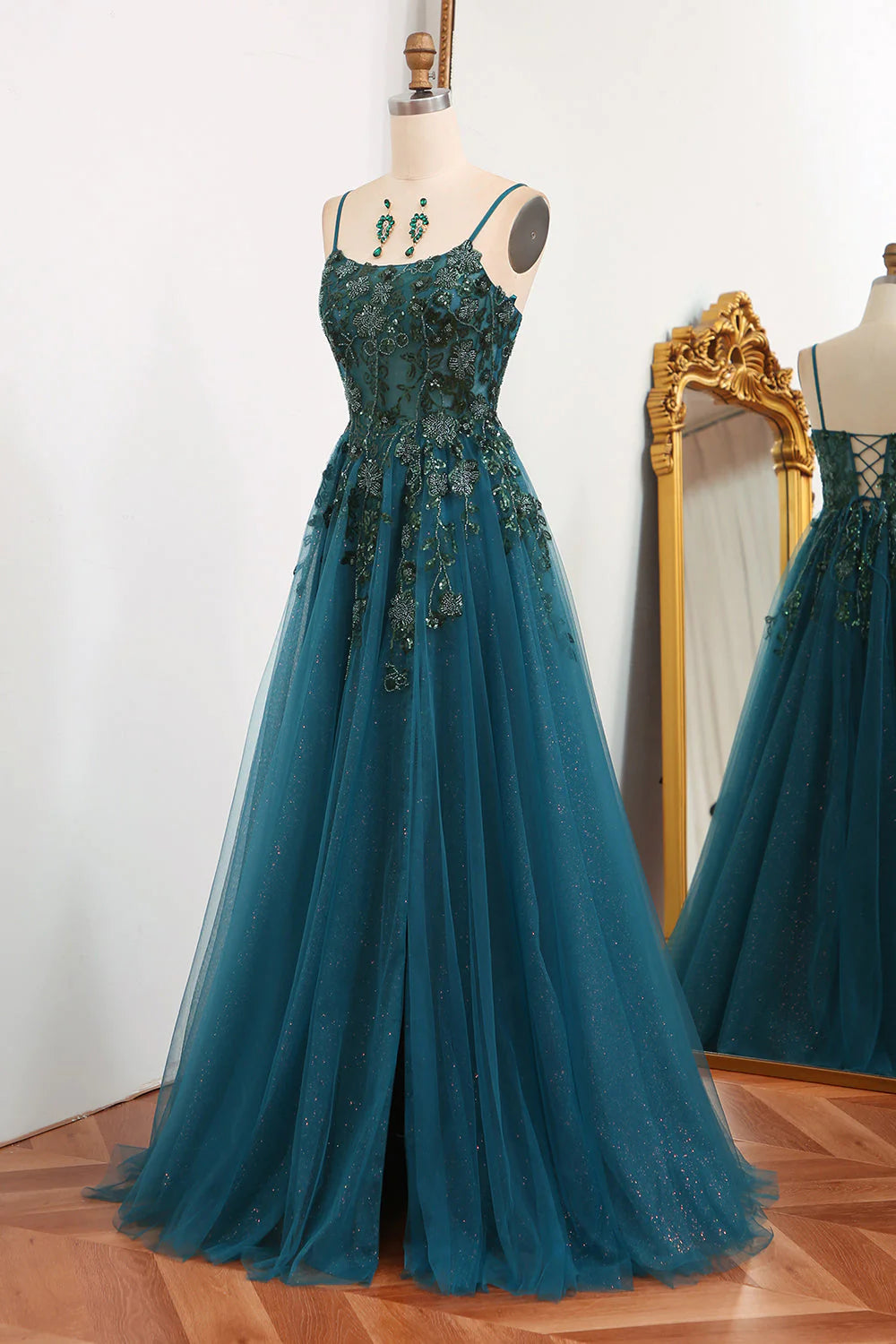 A Line Spaghetti Straps Tulle Long Appliqued  Dark Green  Prom Dress With Slit