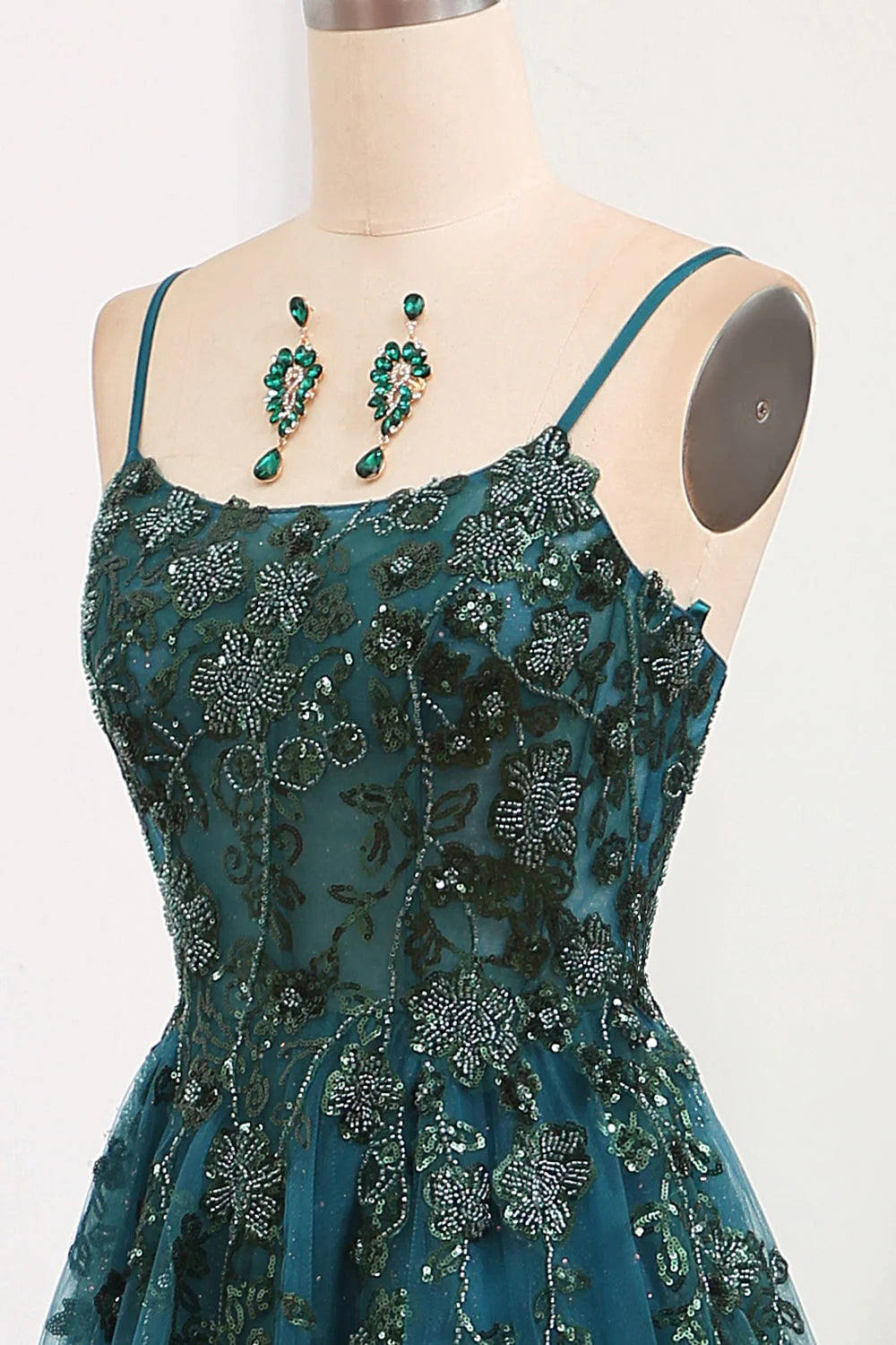 A Line Spaghetti Straps Tulle Long Appliqued  Dark Green  Prom Dress With Slit