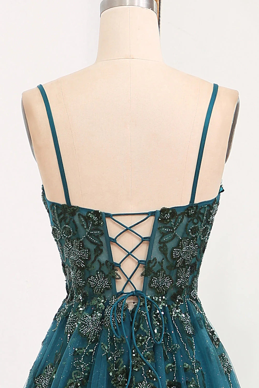 A Line Spaghetti Straps Tulle Long Appliqued  Dark Green  Prom Dress With Slit