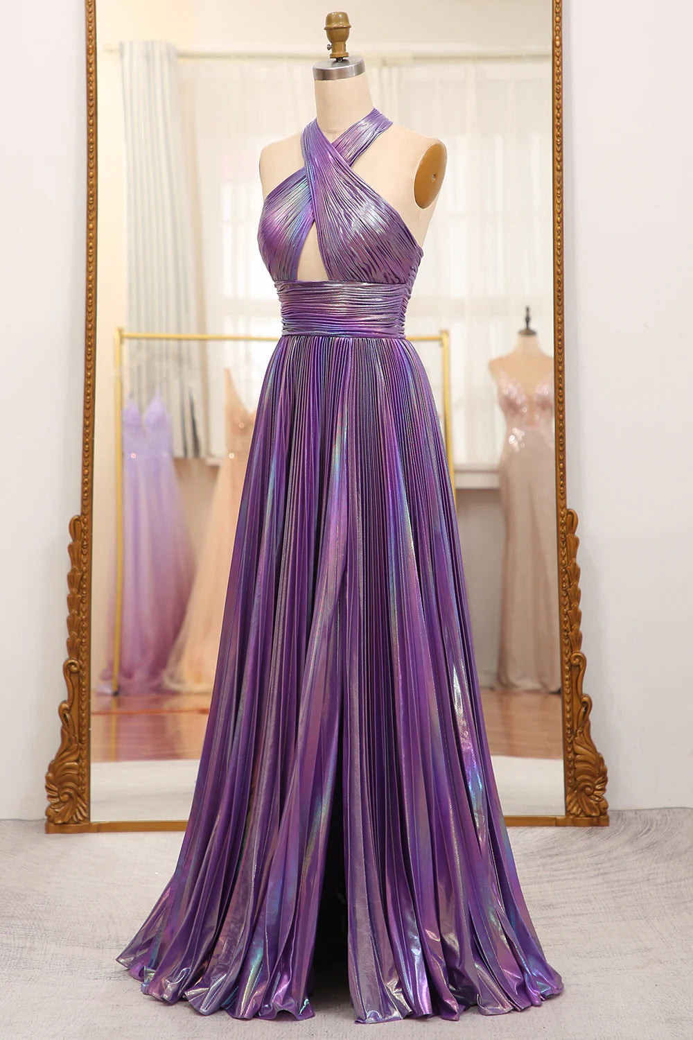 Dark Purple Sparkly A Line Halter Backless Long Prom Dress With Side Slit