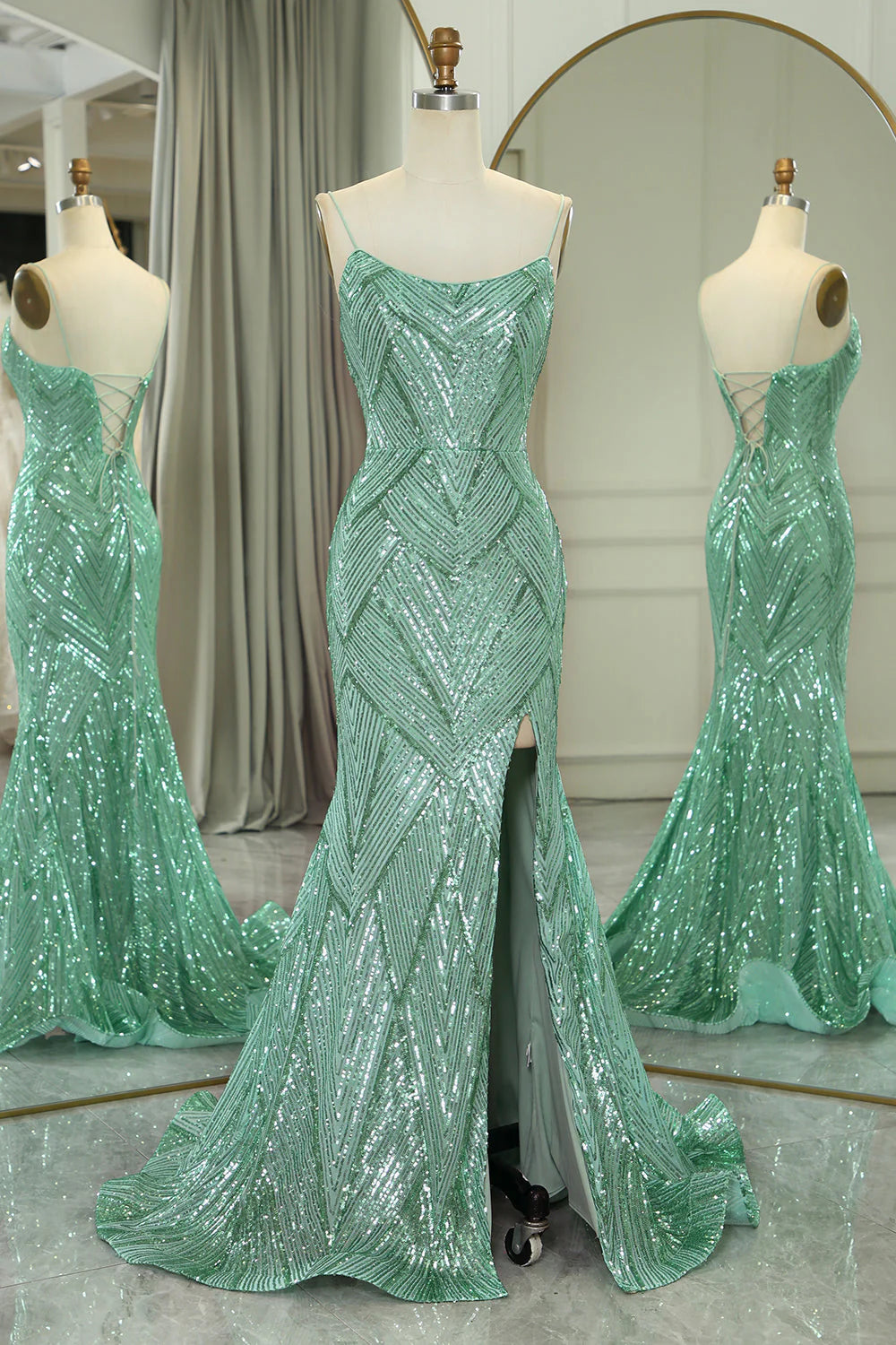 Vestido de fiesta largo con tirantes finos de sirena verde brillante y abertura
