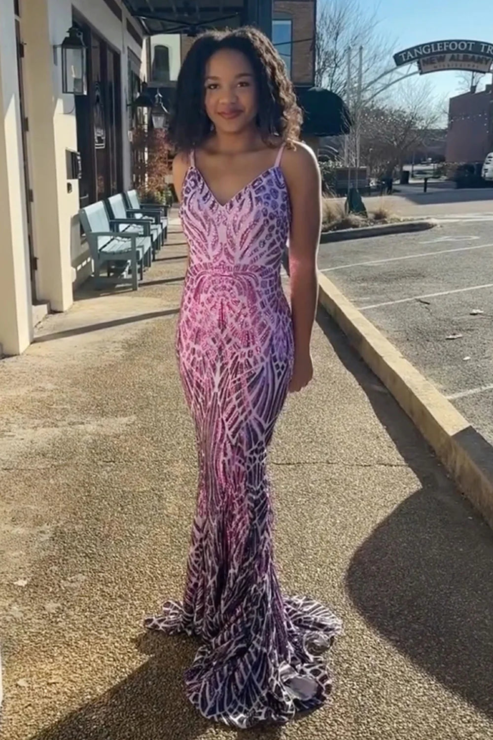 Mermaid Spaghetti Straps Sparkly Sequin Purple Long Prom Dress