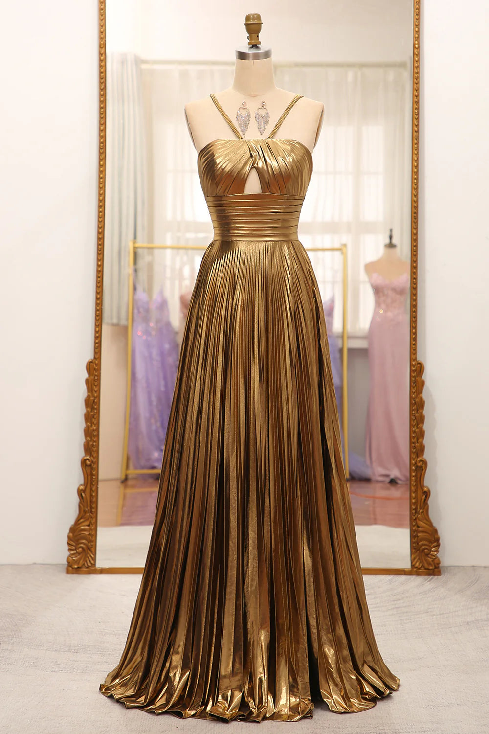 Robe de bal plissée à bretelles spaghetti et fente