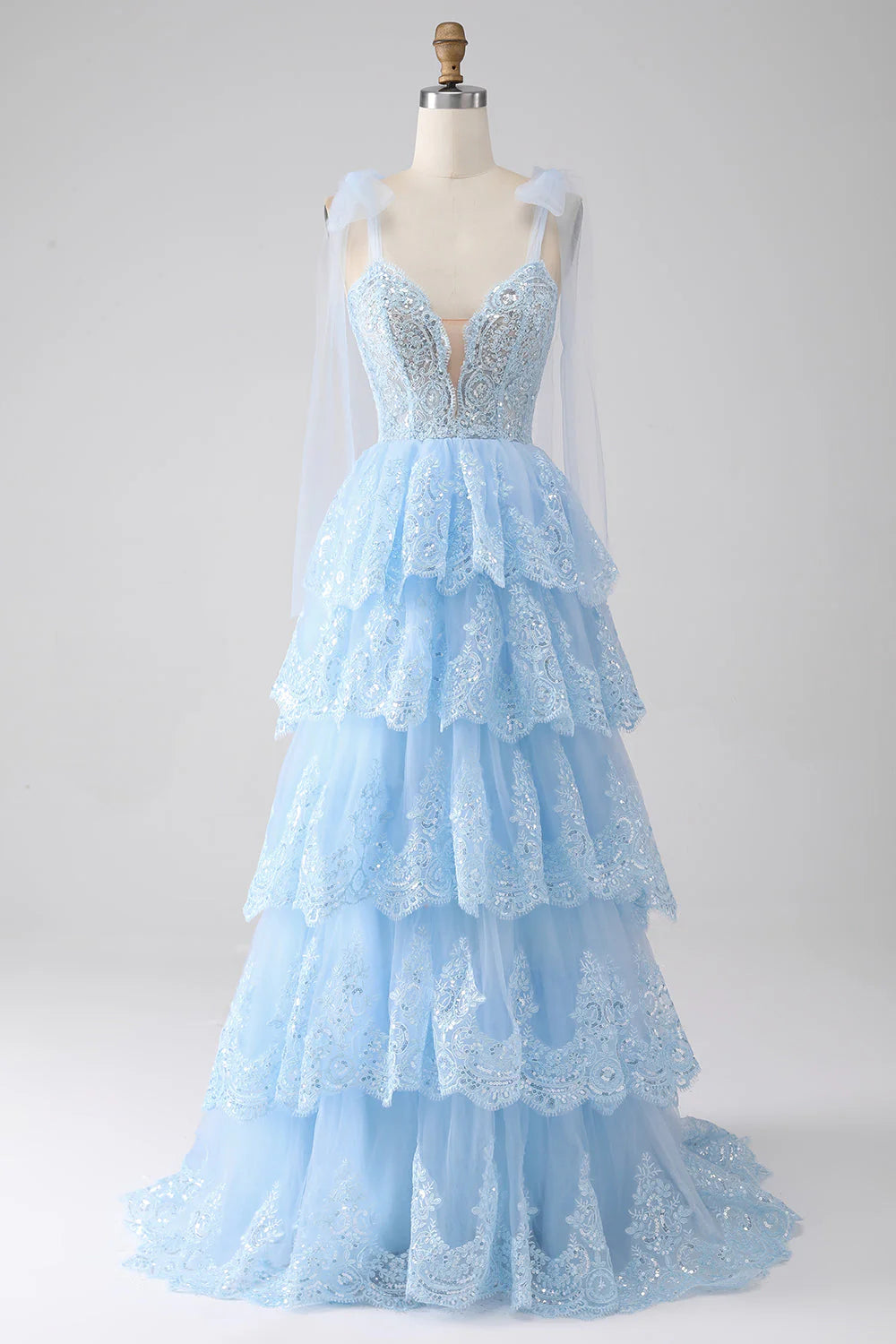Sweetheart Bow Tie Straps Tiered Tulle Sequin Light Blue Prom Dress With Appliques