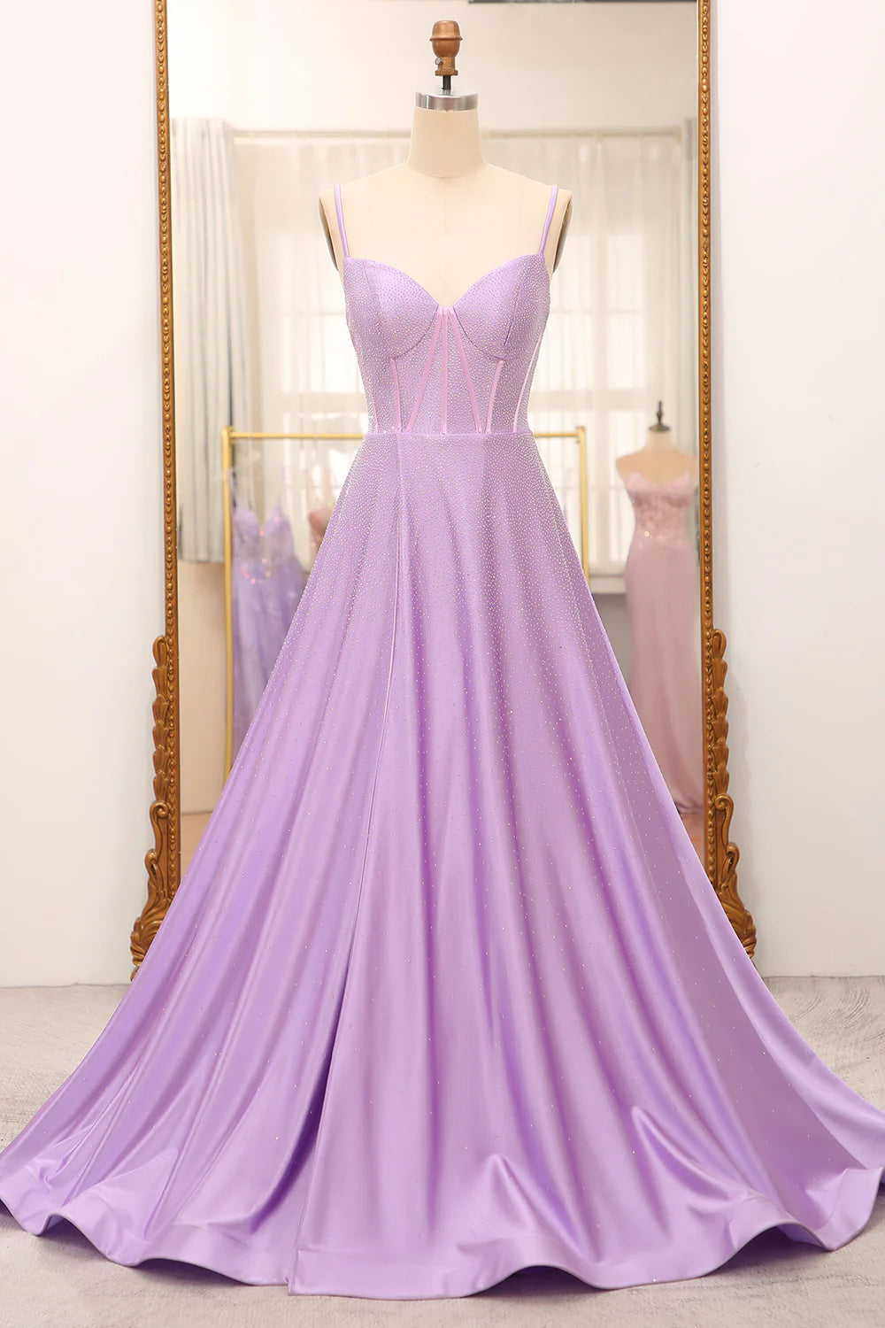 Robe de bal trapèze simple et scintillante, style corset fendue sur le côté, lilas, avec strass
