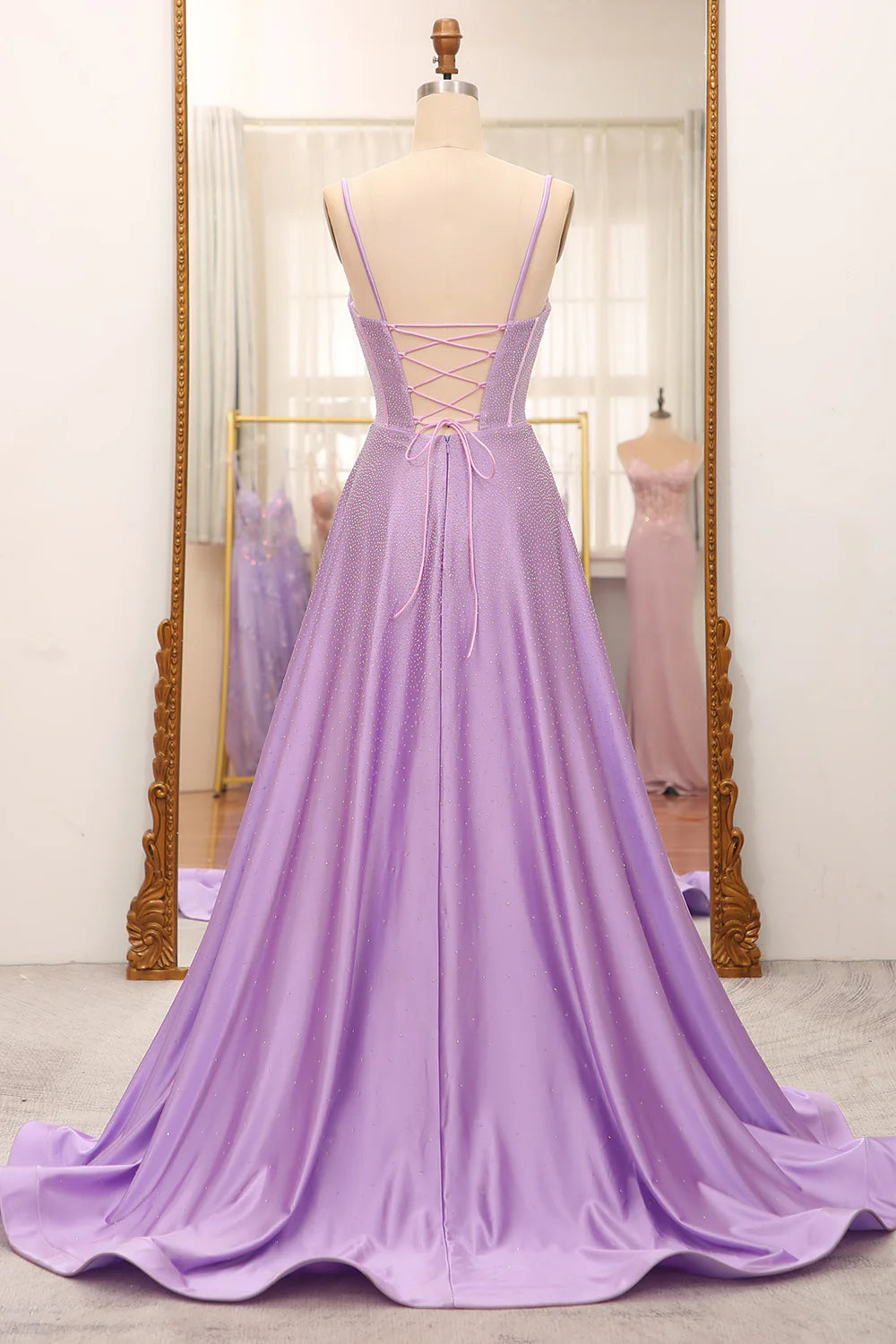 Robe de bal trapèze simple et scintillante, style corset fendue sur le côté, lilas, avec strass