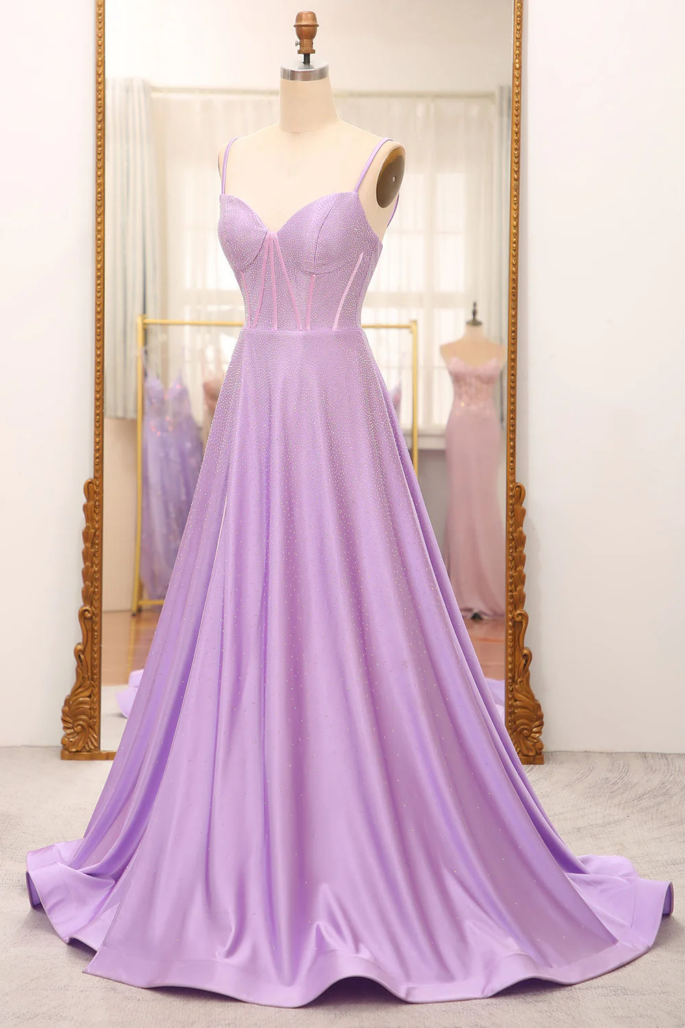 Robe de bal trapèze simple et scintillante, style corset fendue sur le côté, lilas, avec strass