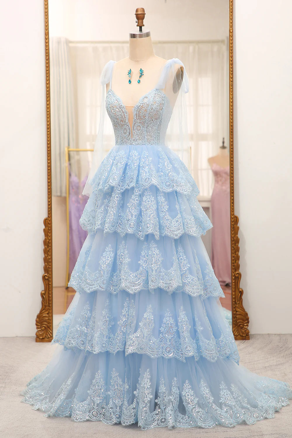 Sweetheart Bow Tie Straps Tiered  Light Blue Tulle Prom Dress With Appliques