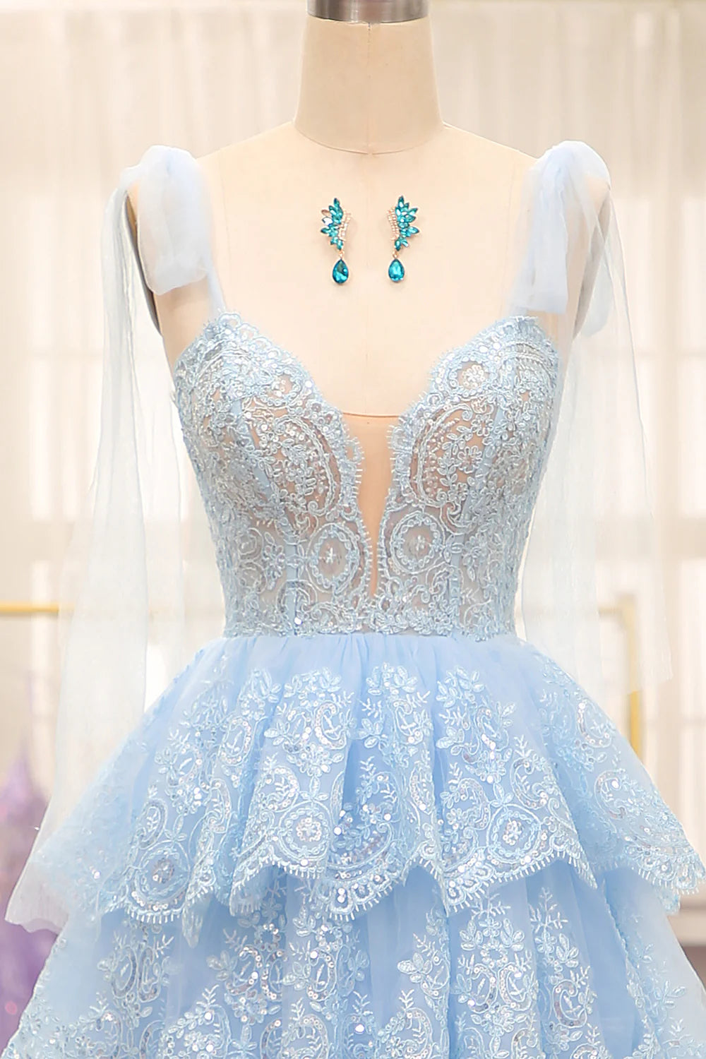 Sweetheart Bow Tie Straps Tiered  Light Blue Tulle Prom Dress With Appliques